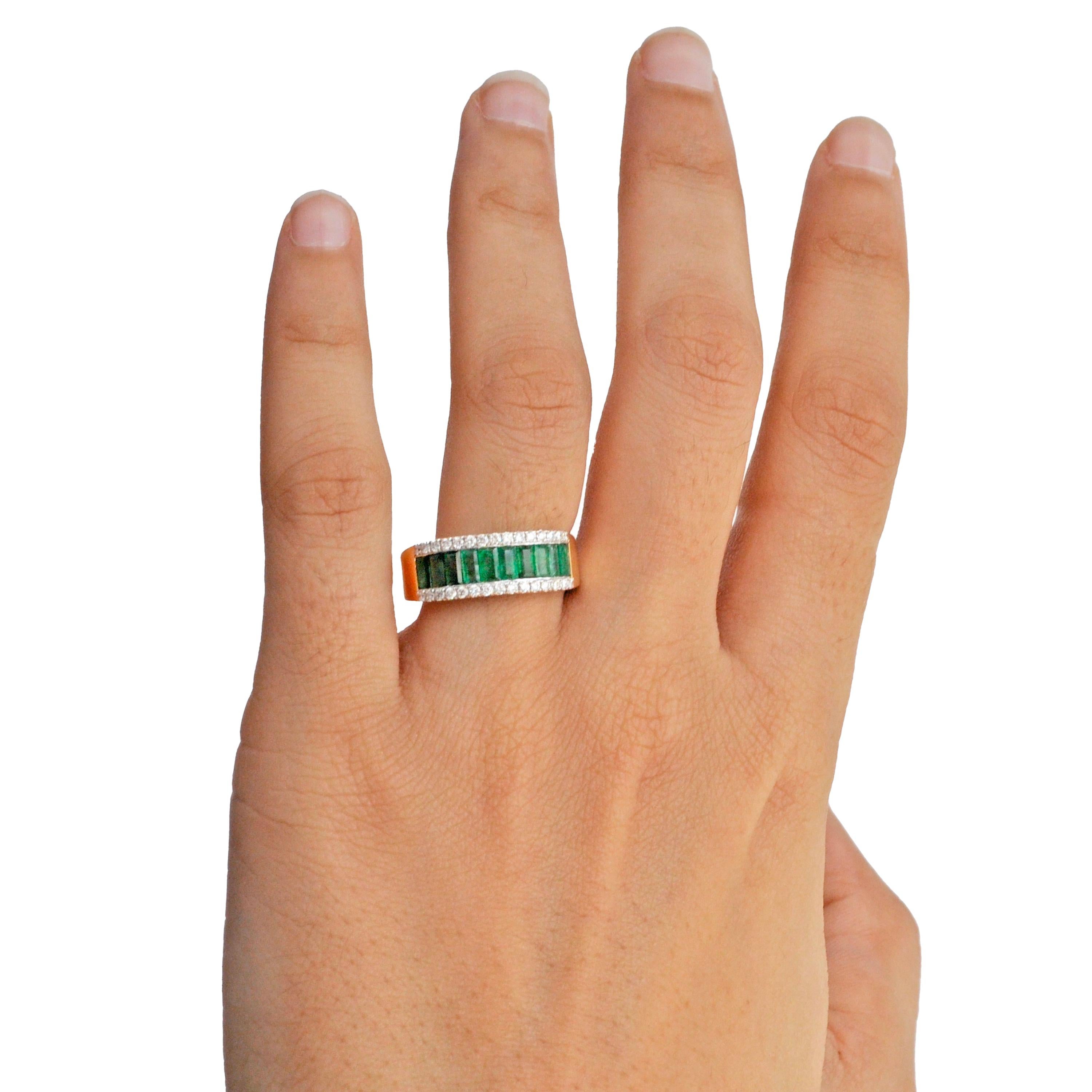 For Sale:  18 Karat Yellow Gold Zambian Emerald Baguette Cut Diamond Band Ring 2