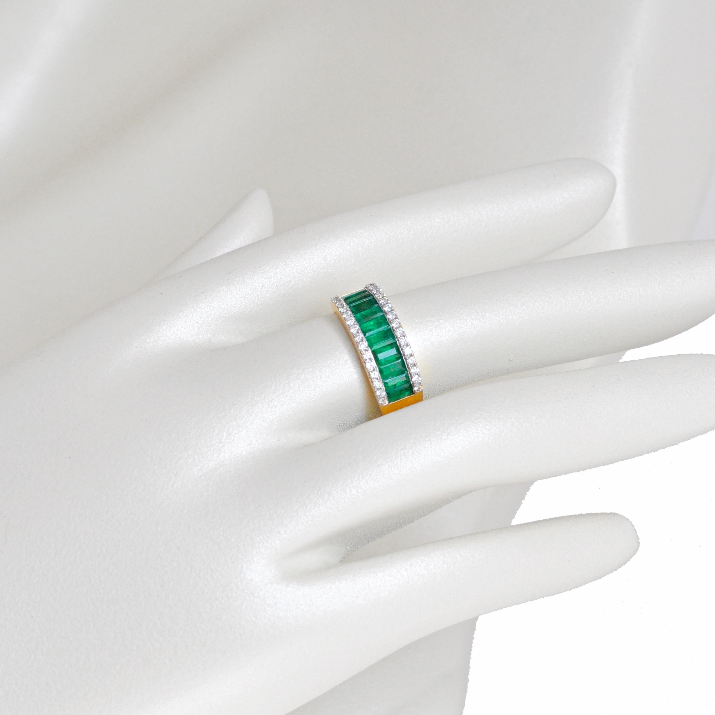 For Sale:  18 Karat Yellow Gold Zambian Emerald Baguette Cut Diamond Band Ring 3