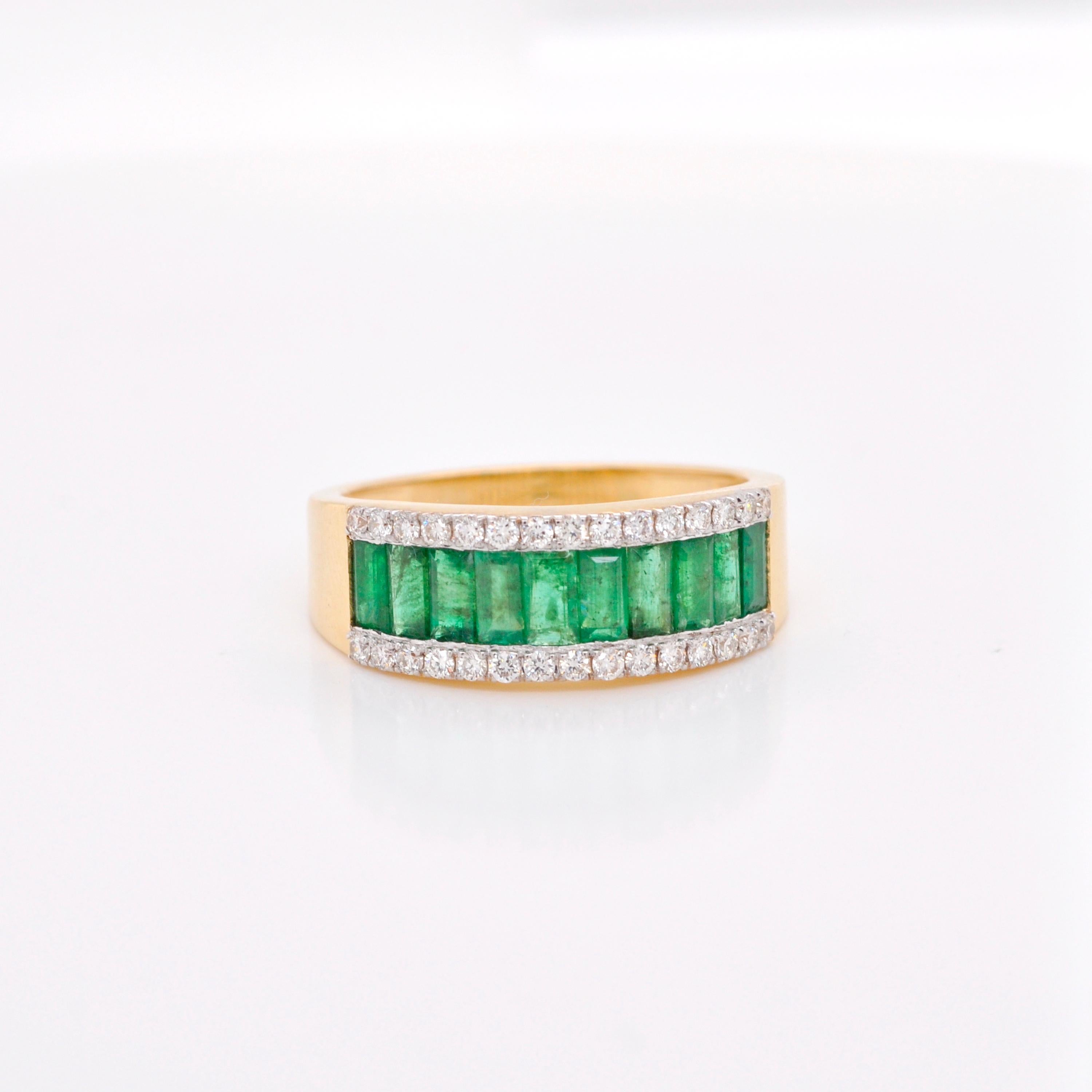 For Sale:  18 Karat Yellow Gold Zambian Emerald Baguette Cut Diamond Band Ring 4