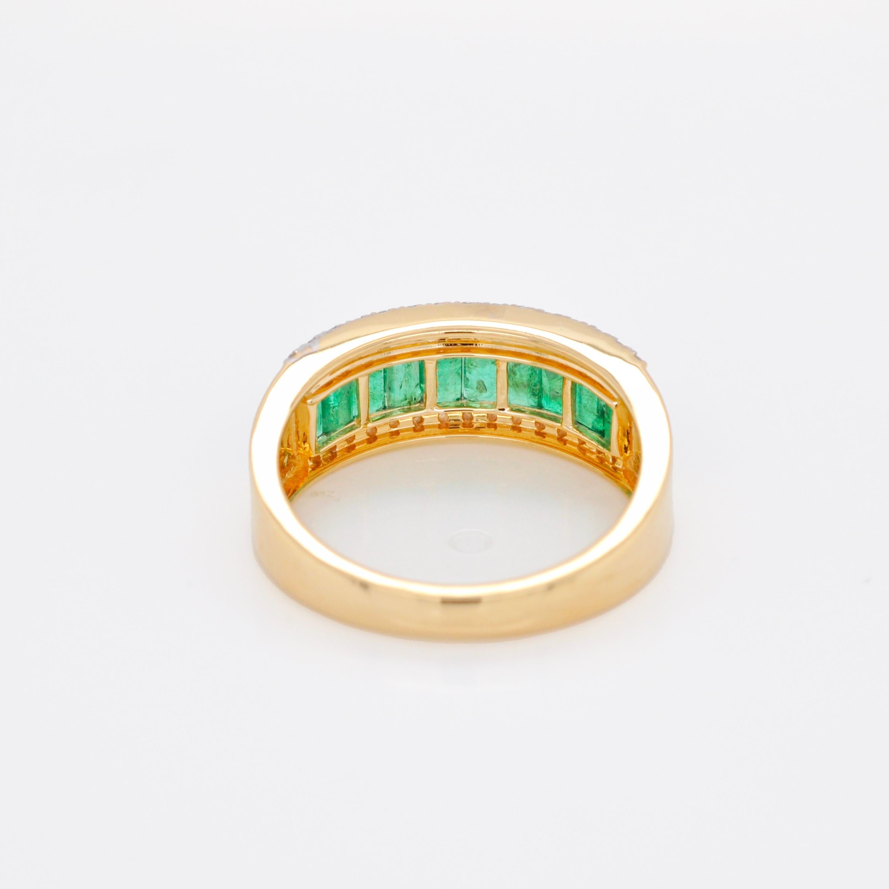 For Sale:  18 Karat Yellow Gold Zambian Emerald Baguette Cut Diamond Band Ring 5