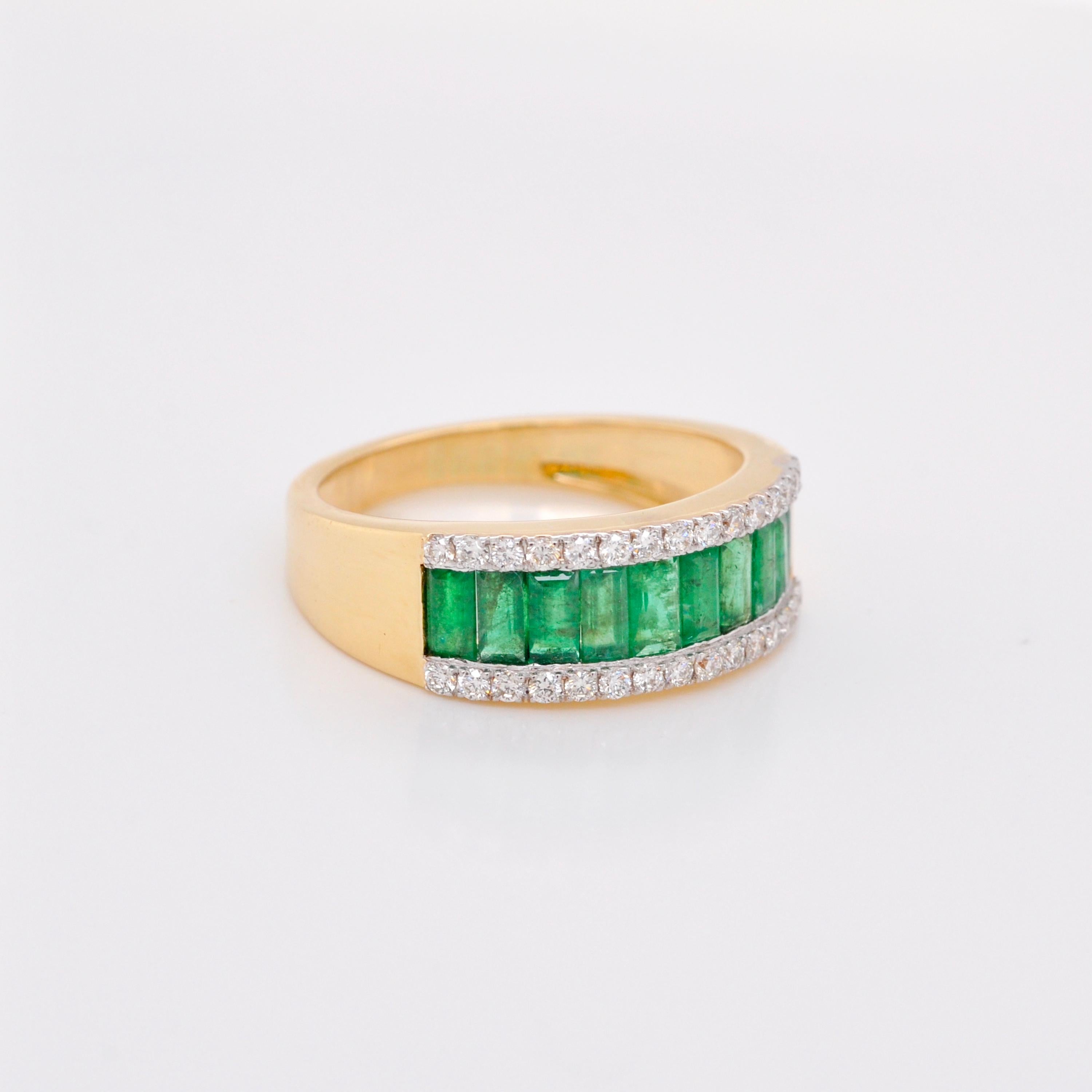 For Sale:  18 Karat Yellow Gold Zambian Emerald Baguette Cut Diamond Band Ring 6