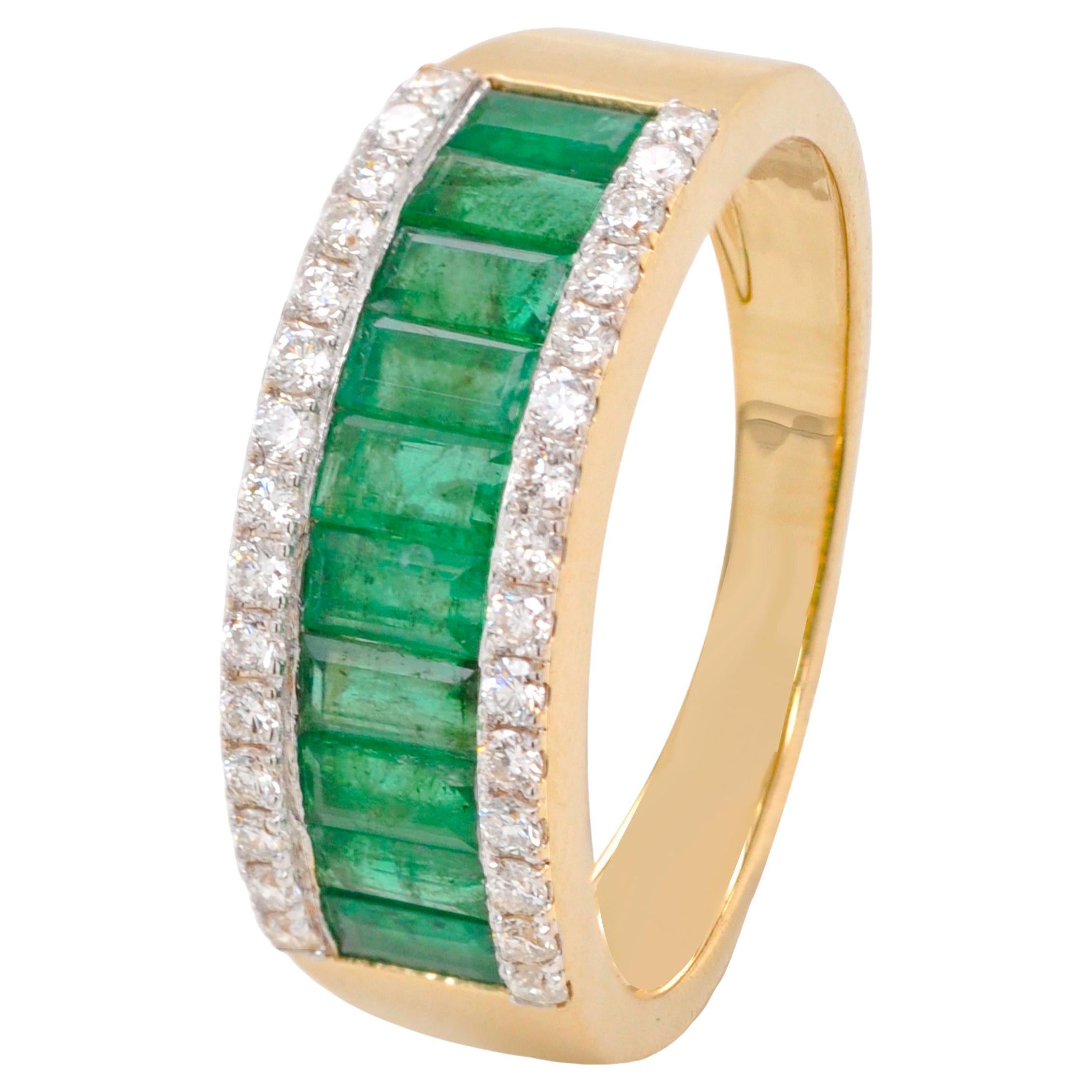 18 Karat Yellow Gold Zambian Emerald Baguette Cut Diamond Band Ring