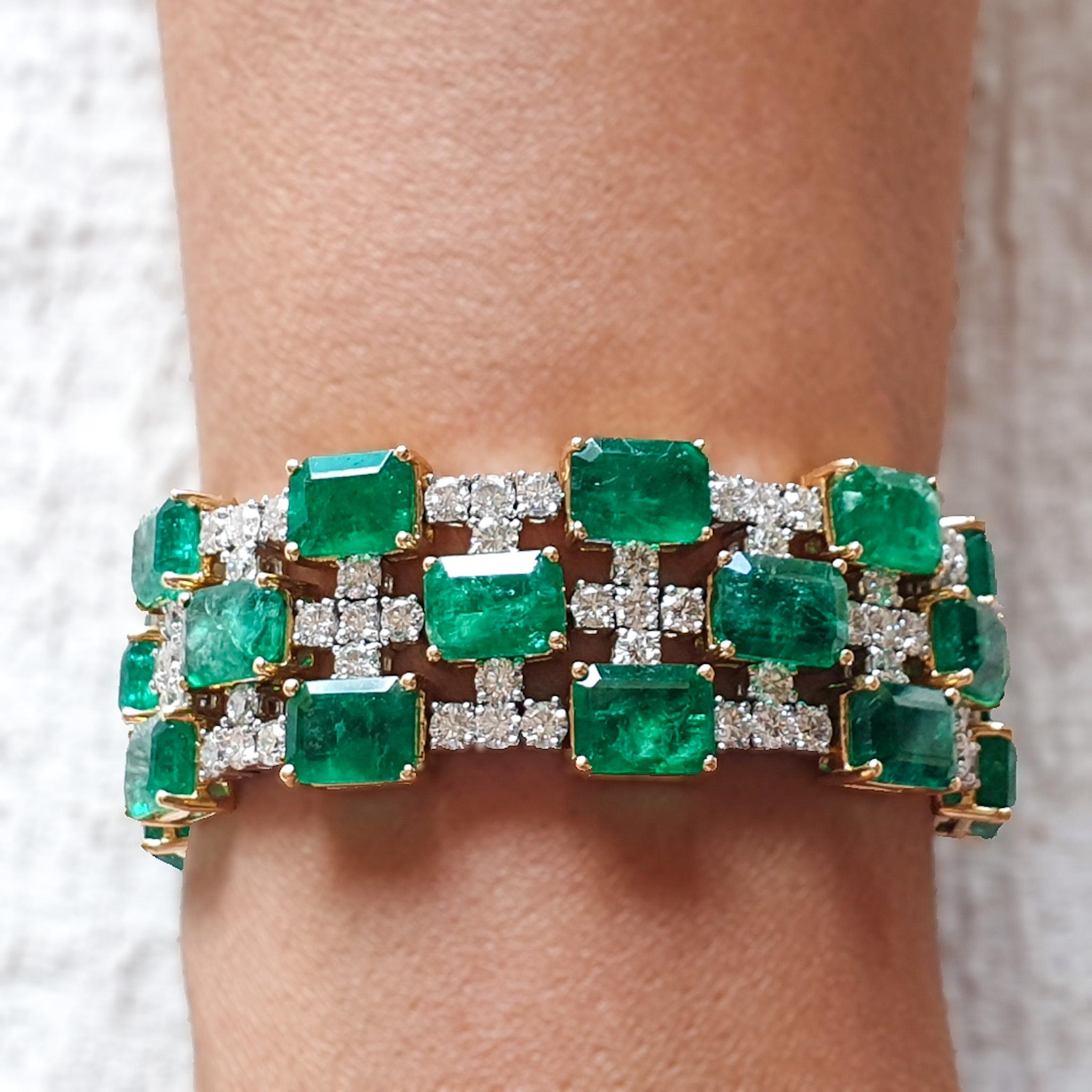 Women's 18 Karat Yellow Gold, Emerald and Diamond Lace Bracelet For Sale