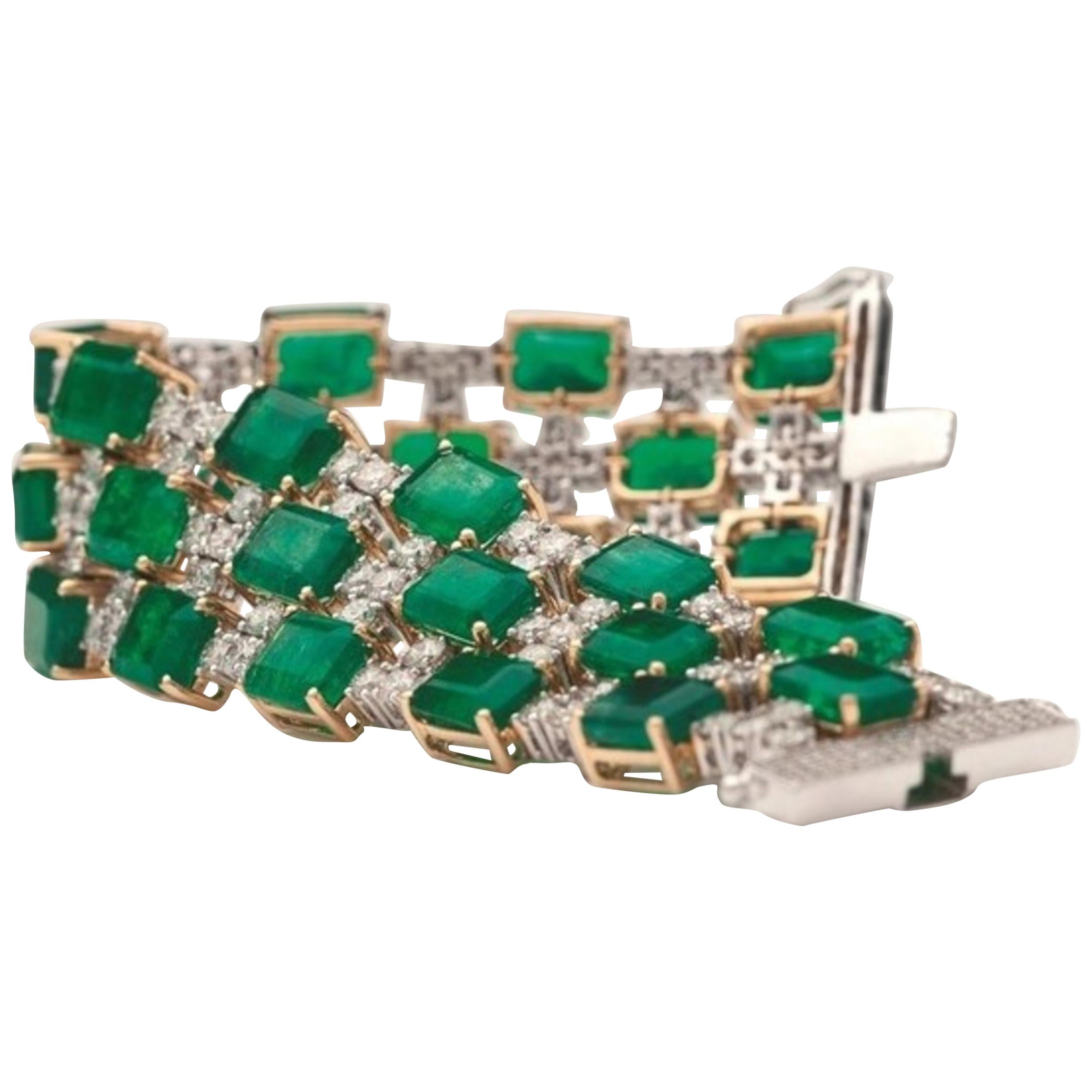 18 Karat Yellow Gold, Emerald and Diamond Lace Bracelet For Sale