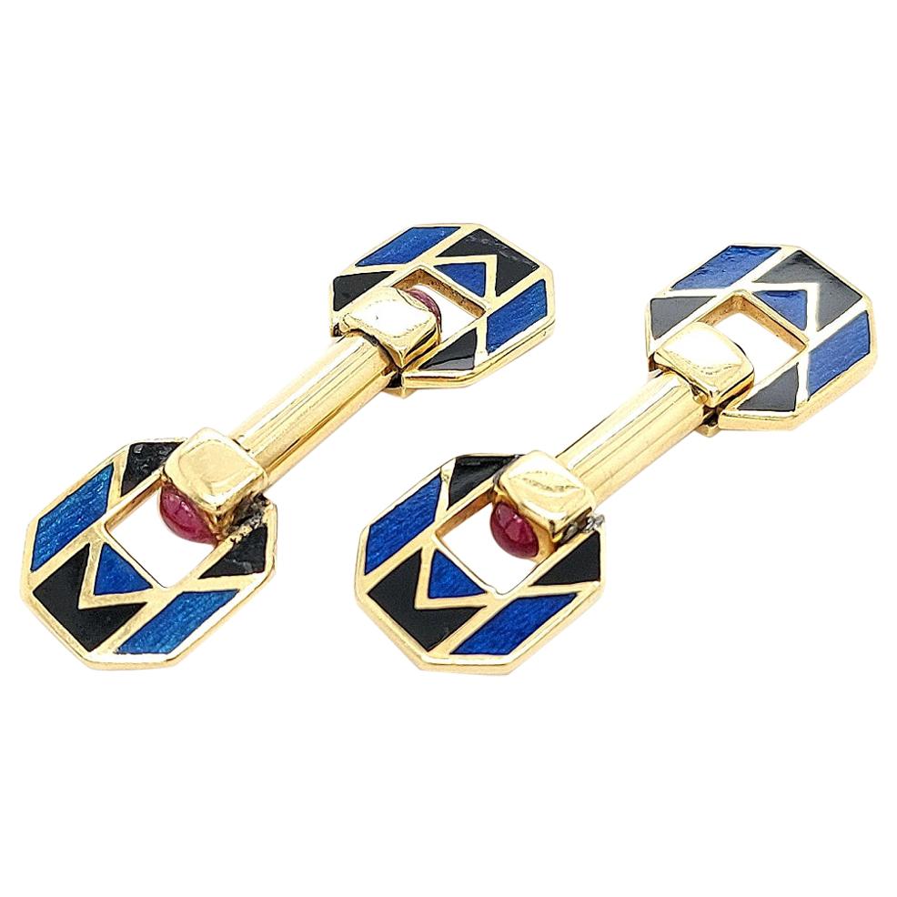 18kt Yellow Gold Blue and Black Enamel Cufflinks with Ruby Cabochon Stones For Sale