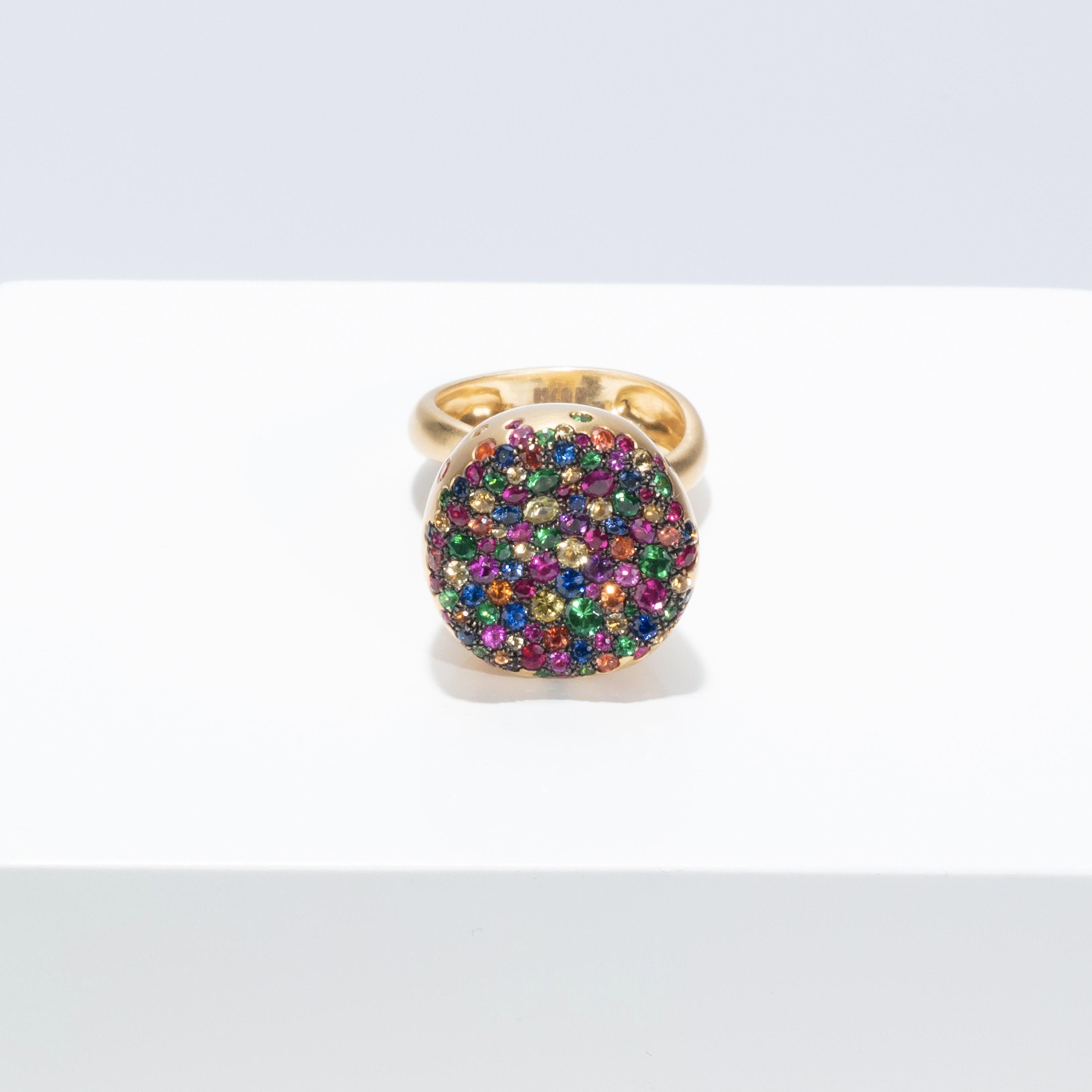 Contemporary Nada Ghazal’s 18k Gold Multicolored Sapphire Baby Malak Flourish Bonbon Big Ring For Sale