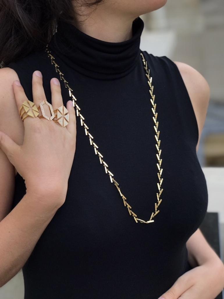 18k Yellow Gold Fluid Line Necklace features gold bars linked in alternating directions to create a fluid line 
Includes a lobster clasp closure 
18k Yellow Gold
37 inch chain
From Karma El Khalil's Classics Collection 

