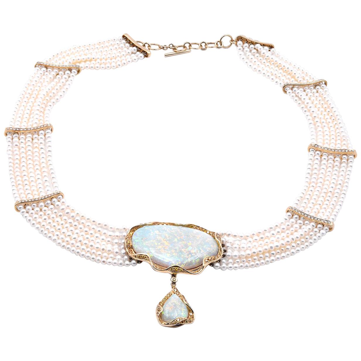 18 Karat Yellow Multi-Strand Pearl Necklace with Opal and Diamonds