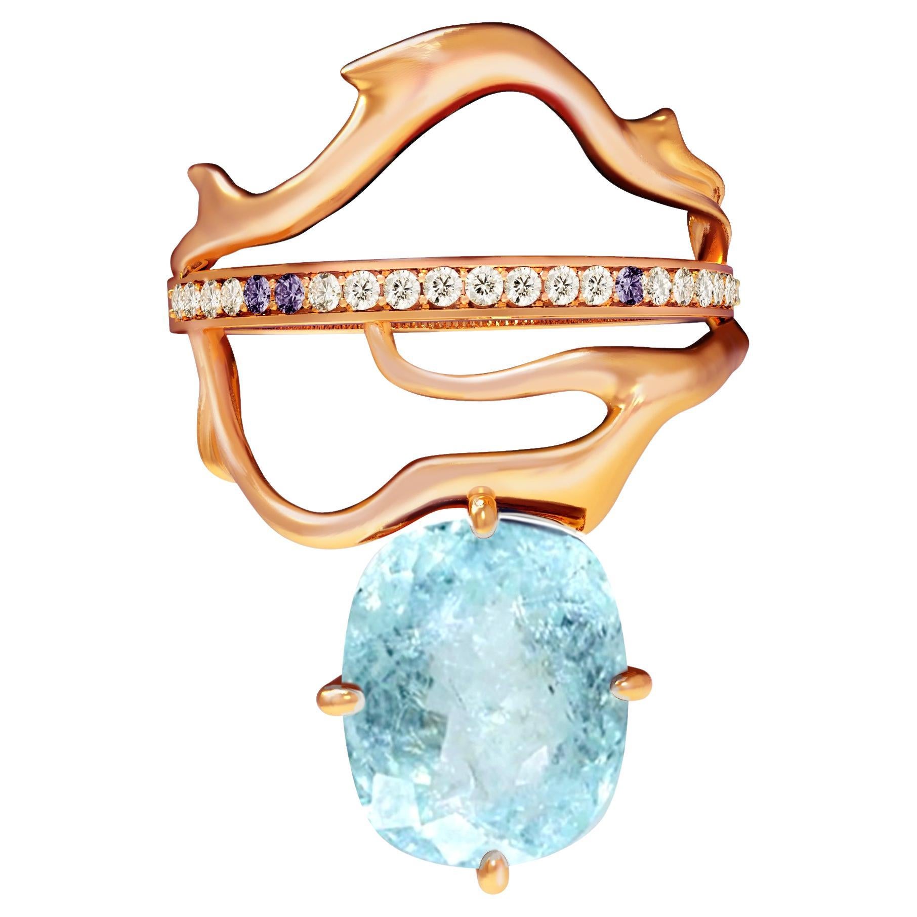 18 Karat Yellow or Rose Gold Fashion Ring with Paraiba Tourmaline and Diamonds For Sale