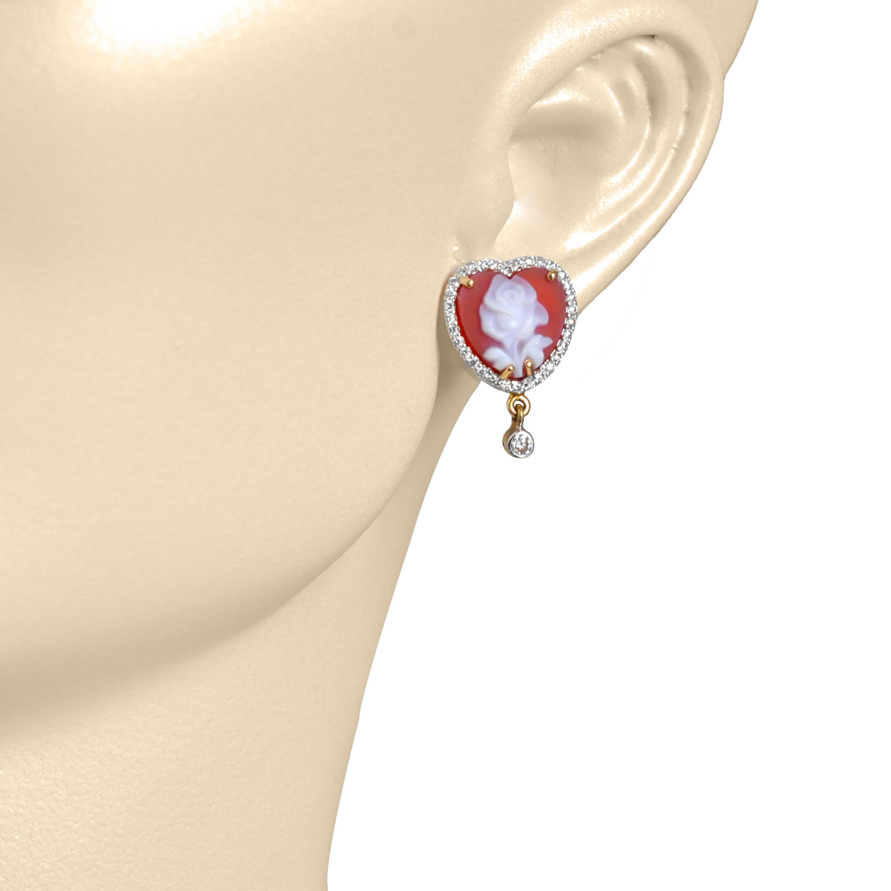 18 Karat Gelb Rose Cameo 10 MM Herz Form Diamanten Ohrstecker 6