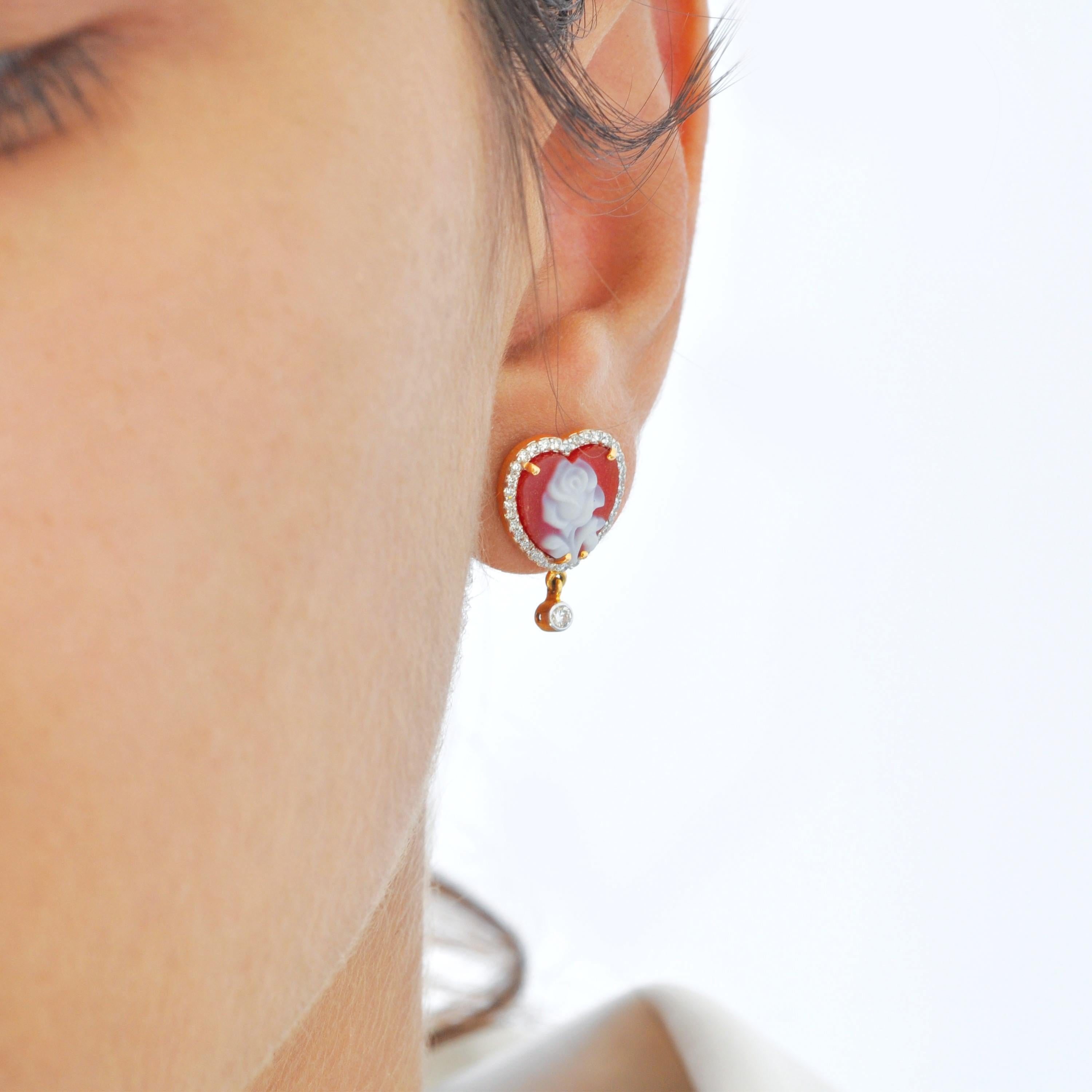 18 Karat Gelb Rose Cameo 10 MM Herz Form Diamanten Ohrstecker (Zeitgenössisch)