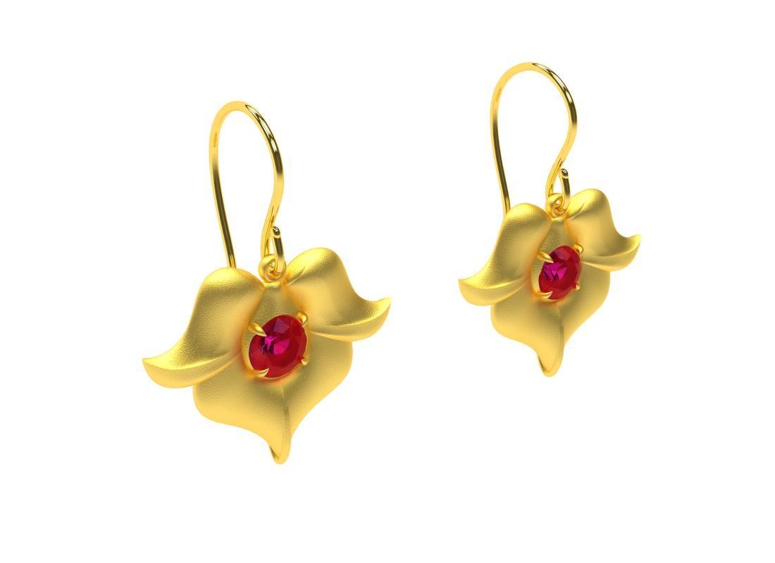 Contemporary 18 Karat Yellow Gold Ruby Arabesque Flower Earrings For Sale