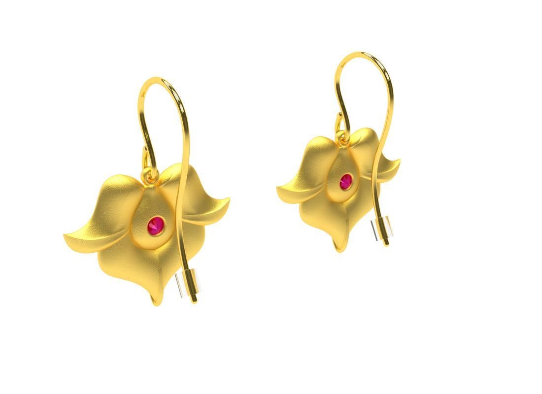 Round Cut 18 Karat Yellow Gold Ruby Arabesque Flower Earrings For Sale