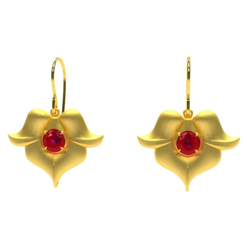 18 Karat Yellow Gold Ruby Arabesque Flower Earrings For Sale