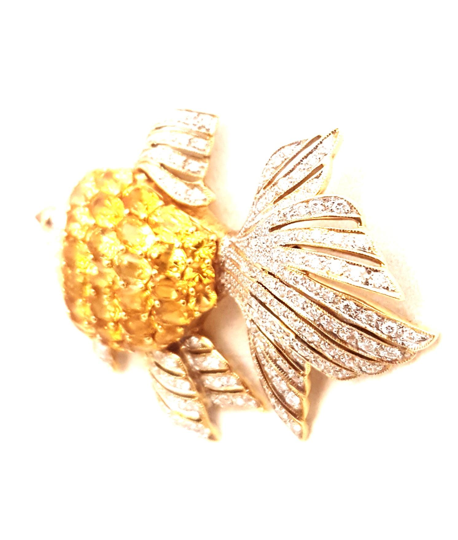 Contemporary 18 Karat Yellow Sapphire and Diamond Fish Brooch For Sale