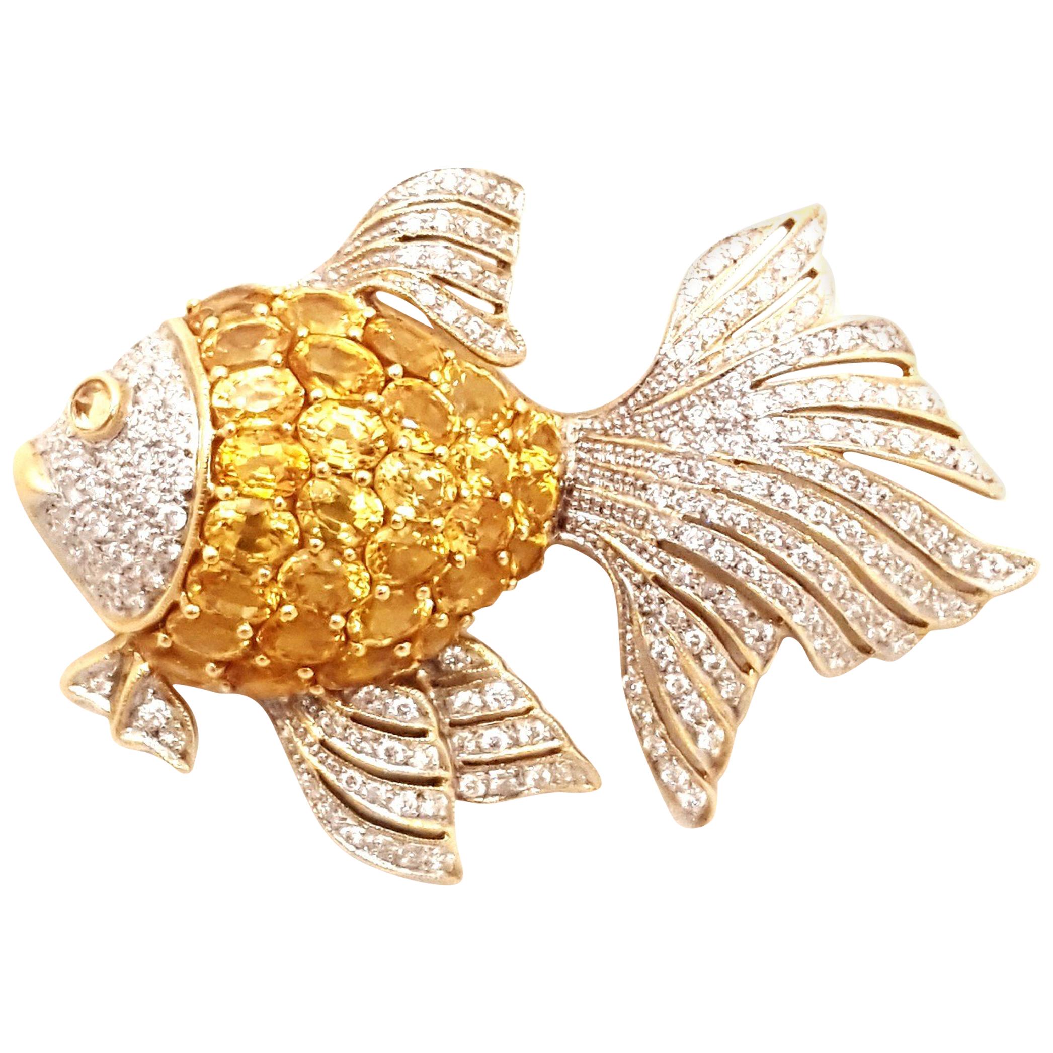 18 Karat Yellow Sapphire and Diamond Fish Brooch For Sale