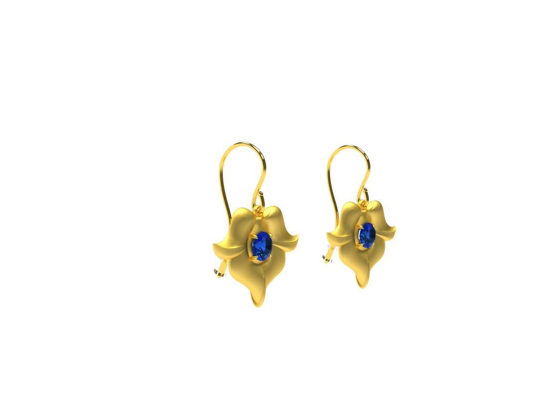 18 Karat Yellow  Gold Sapphire Arabesque Flower Earrings, These came from ornamental ironwork inspiration  with my love of arabesque curves, and flower studies.. These sapphires  are .90  ct wt.  They are 4.5mm diameter in a matte finish or polished