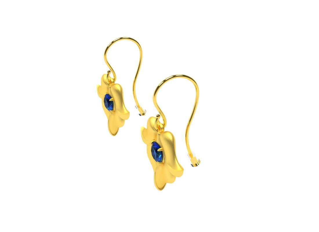 18 Karat Yellow Gold and  Sapphire Arabesque Flower Earrings For Sale 1