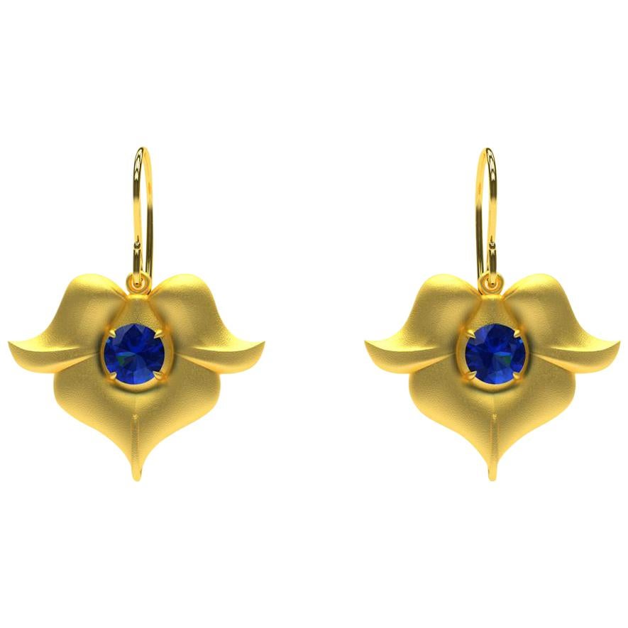 18 Karat Yellow Gold and  Sapphire Arabesque Flower Earrings For Sale