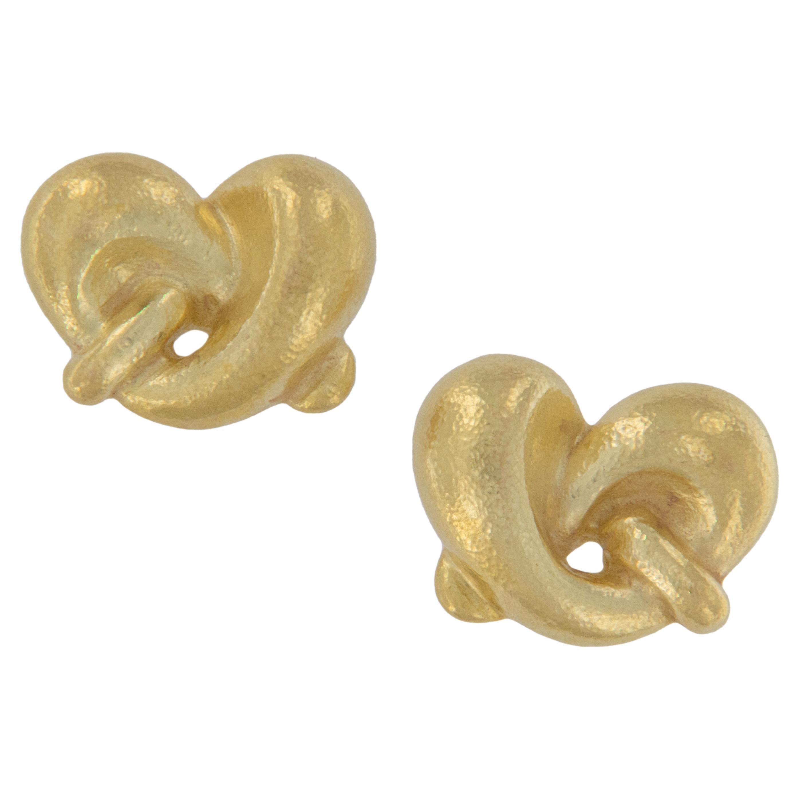 18 Karat Yellow Textured Gold Pretzel Knot Earrings For Sale