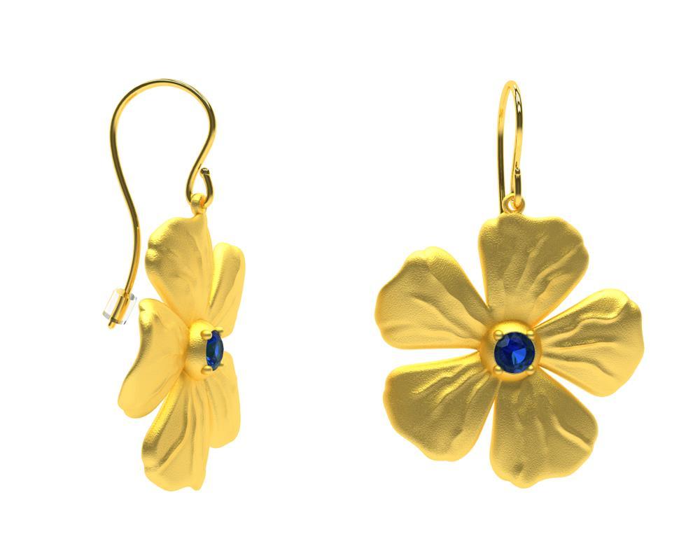 18 Karat Yellow Vermeil and Sapphires Periwinkle Flower Earrings  Tiffany designer, Thomas Kurilla sculpted these for 1stdibs. The periwinkle , a simple and elegant flower accented with  sapphires center.   The flower is 24 mm diameter x 3 mm depth.