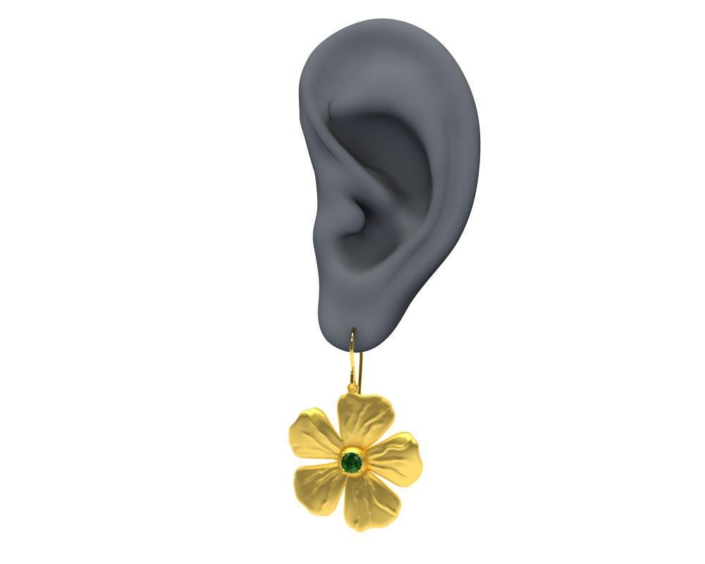 18 Karat Yellow Vermeil and Tsavorite Periwinkle Flower Earrings, Tiffany designer, Thomas Kurilla sculpted these for 1stdibs. The periwinkle , a simple and elegant flower accented with Tsavorites.  4.0 mm  The flower is 24 mm diameter x 3 mm depth.