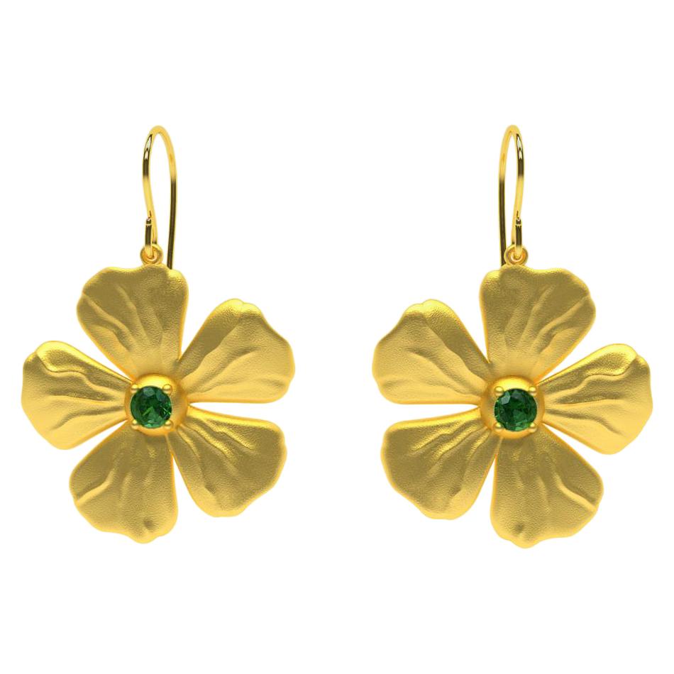 18 Karat Yellow Micron Plated and Tsavorite Periwinkle Flower Earrings For Sale