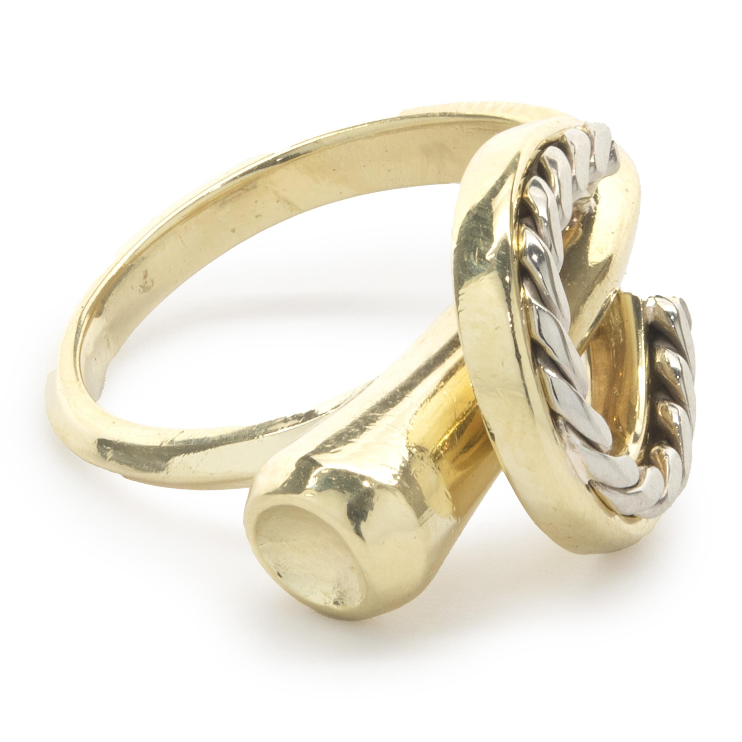 Designer: custom design
Material: 18K yellow gold
Dimensions: ring top measures 12mm wide
Size: 4
Weight: 7.39 grams
