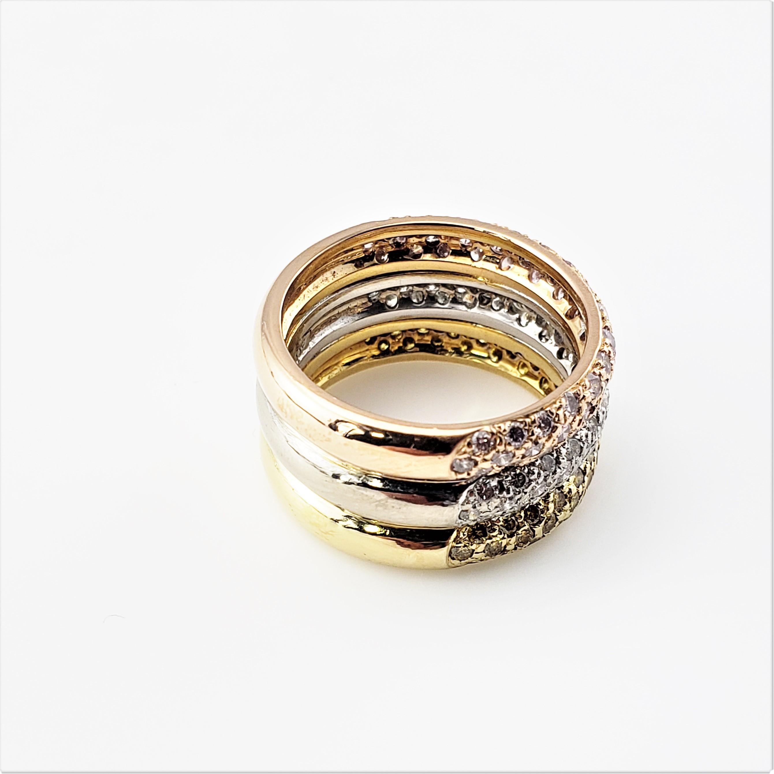 Brilliant Cut 18 Karat Yellow White and Rose Gold and Diamond Triple Band Ring For Sale