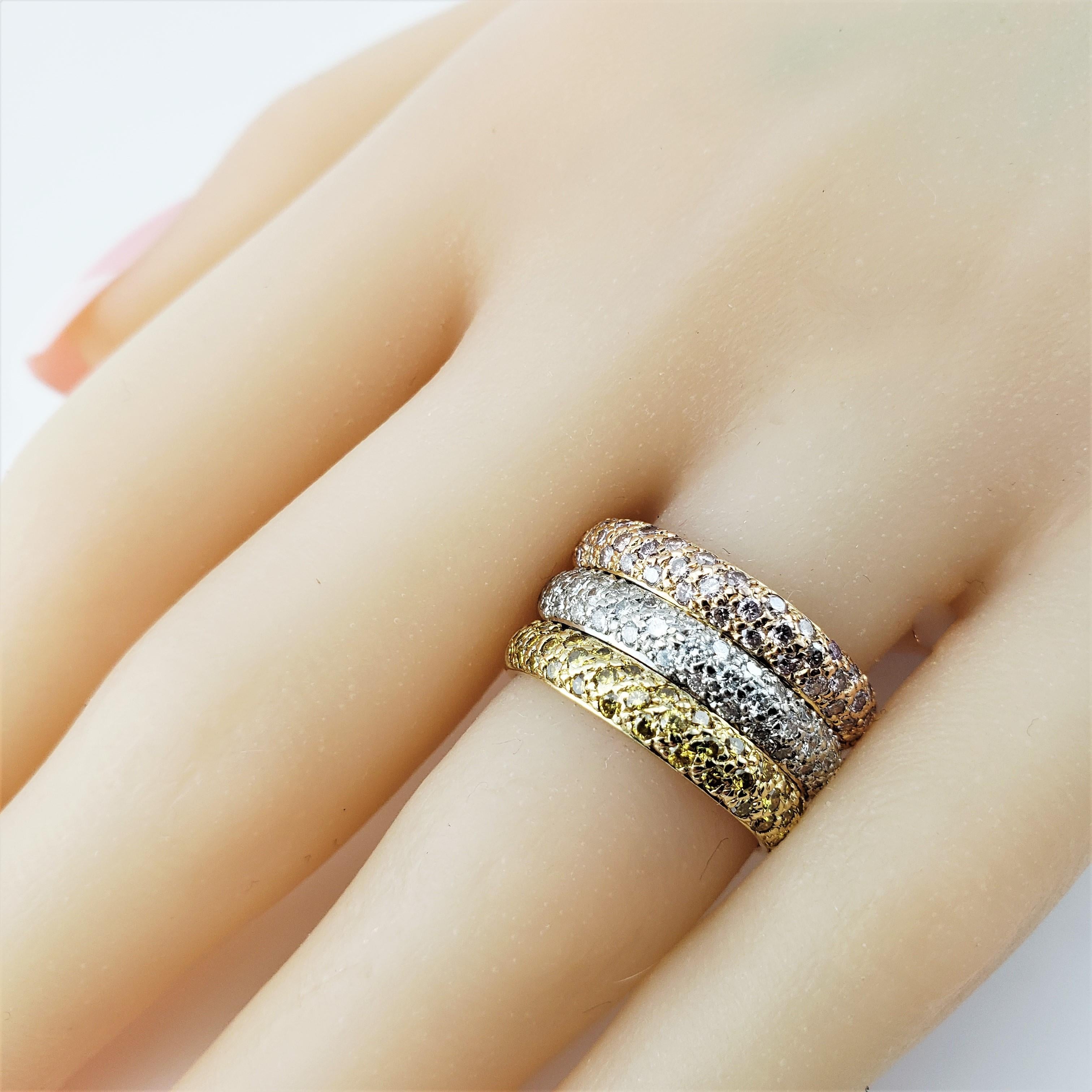 18 Karat Yellow White and Rose Gold and Diamond Triple Band Ring For Sale 2