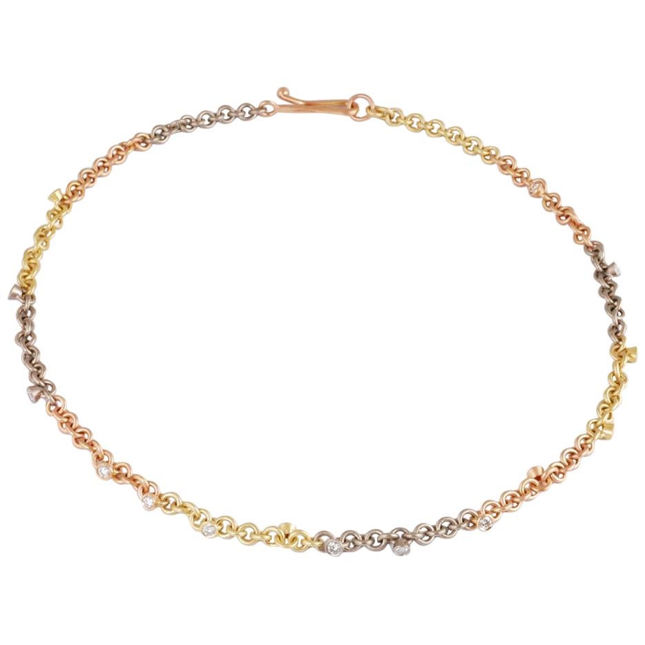 18 Karat Yellow White and Rose Gold Brilliant Cut Diamond Link Necklace  For Sale