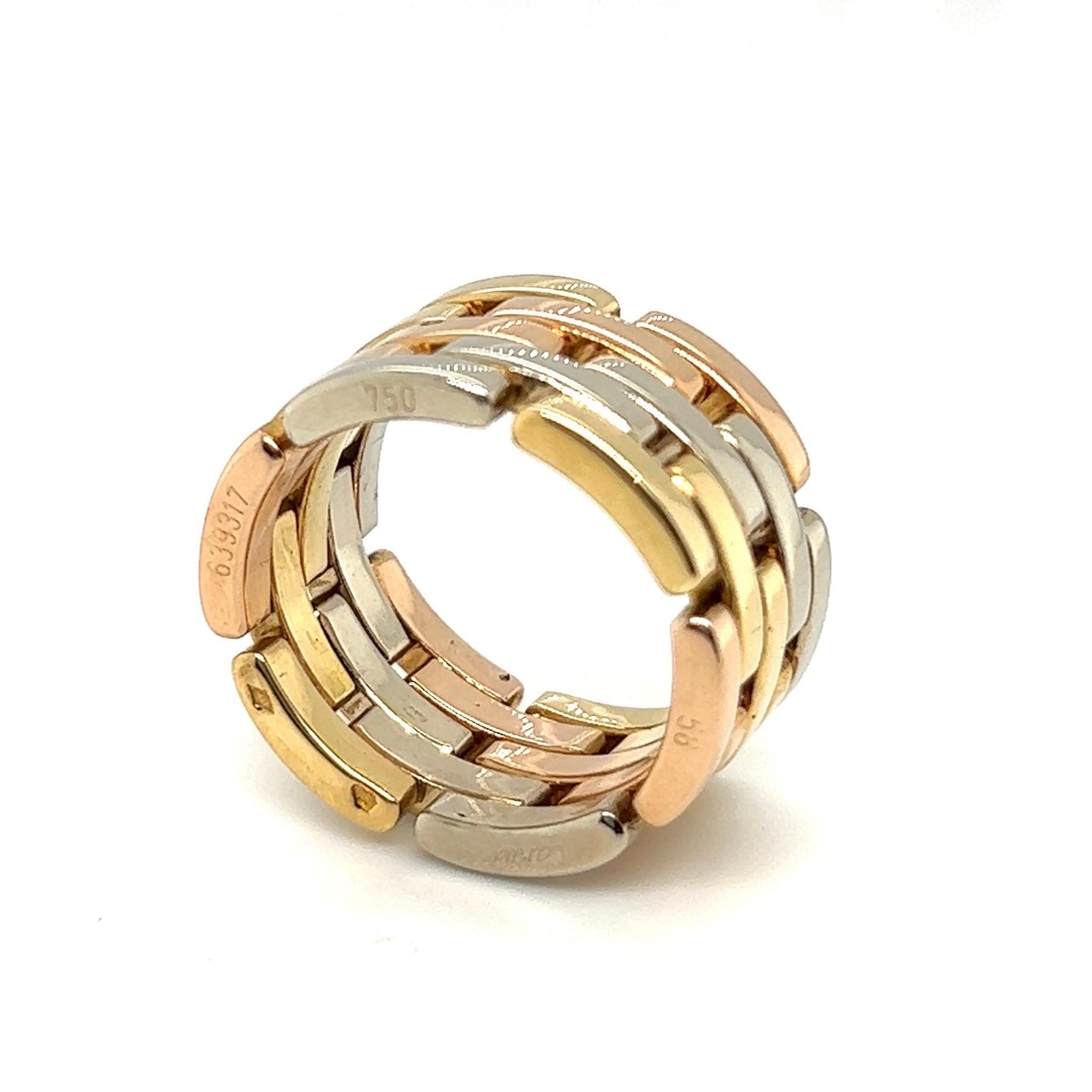 Stylish 18 karat yellow, white and rose gold Maillon Panthère 5 Row Band Ring by Cartier, 1980s. 
Designed as a wide band ring featuring Cartier's iconic brick pattern in 18 karat yellow, white and rose gold. 
The collection Maillon Panthère is