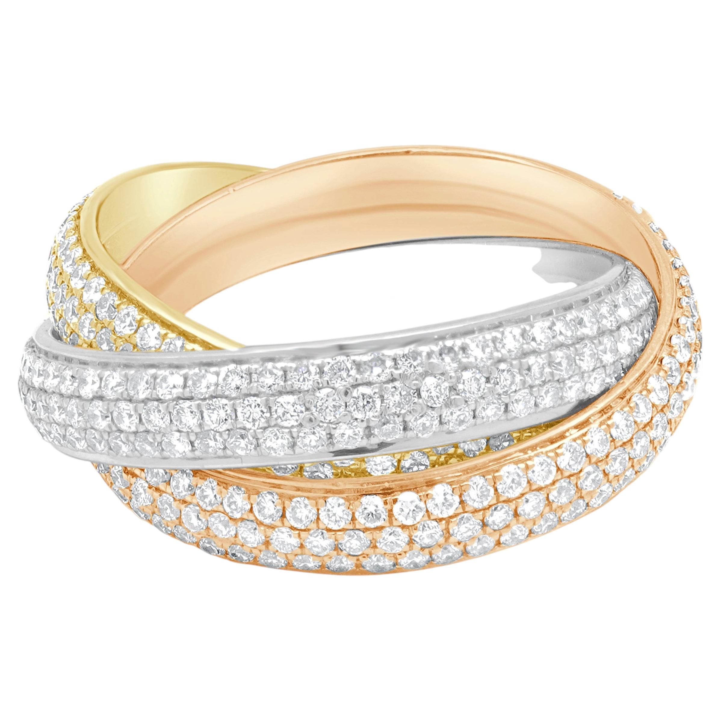 Anillos rodantes de diamantes con pavé de oro amarillo, blanco y rosa de 18 quilates