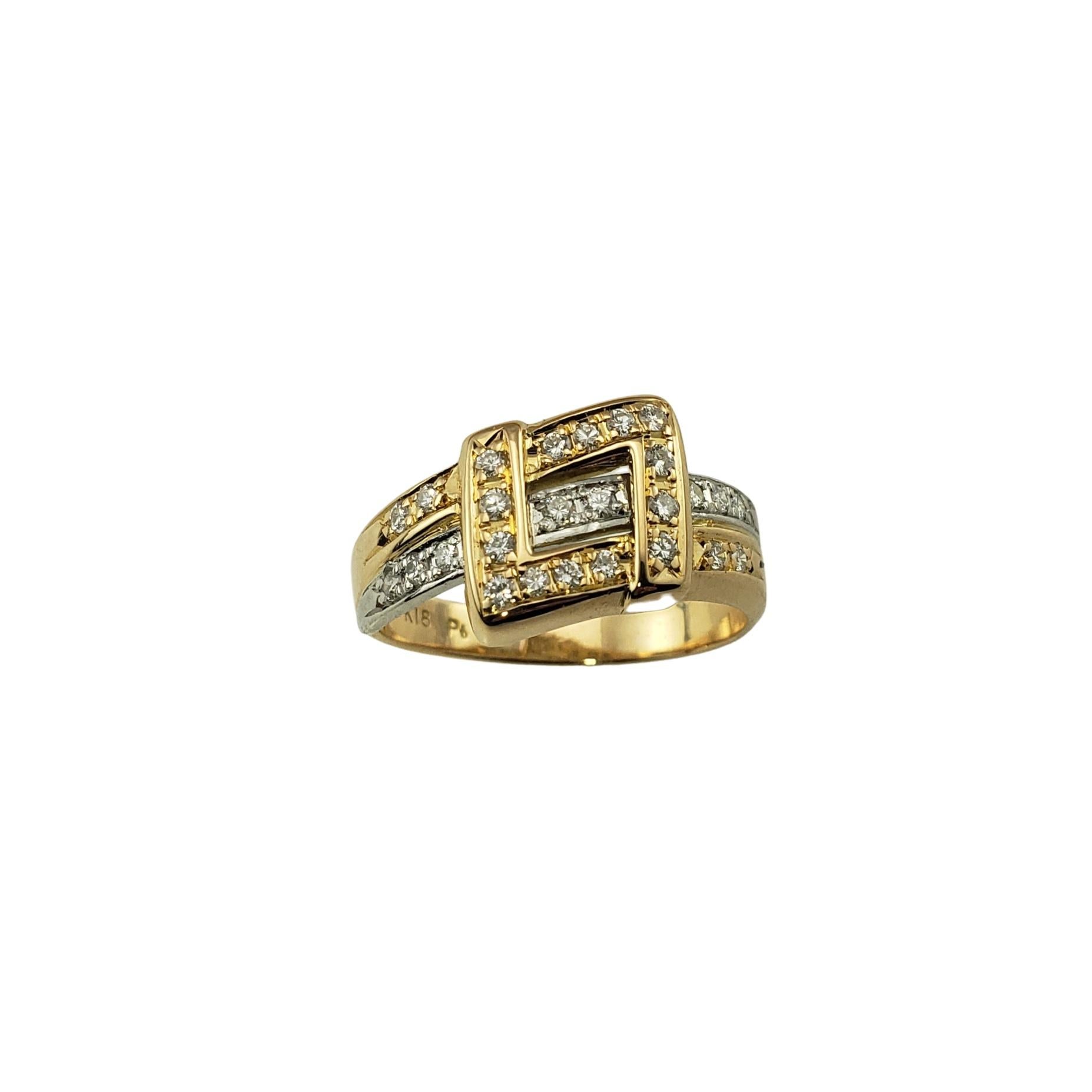 18 Karat Yellow/White Gold and Diamond Ring Size 7.25-

This stunning ring features 26 round brilliant cut diamonds set in beautifully detailed 18K yellow and white gold.  Width:  9 mm.
Shank:  3 mm.

Approximate total diamond weight:  .26
