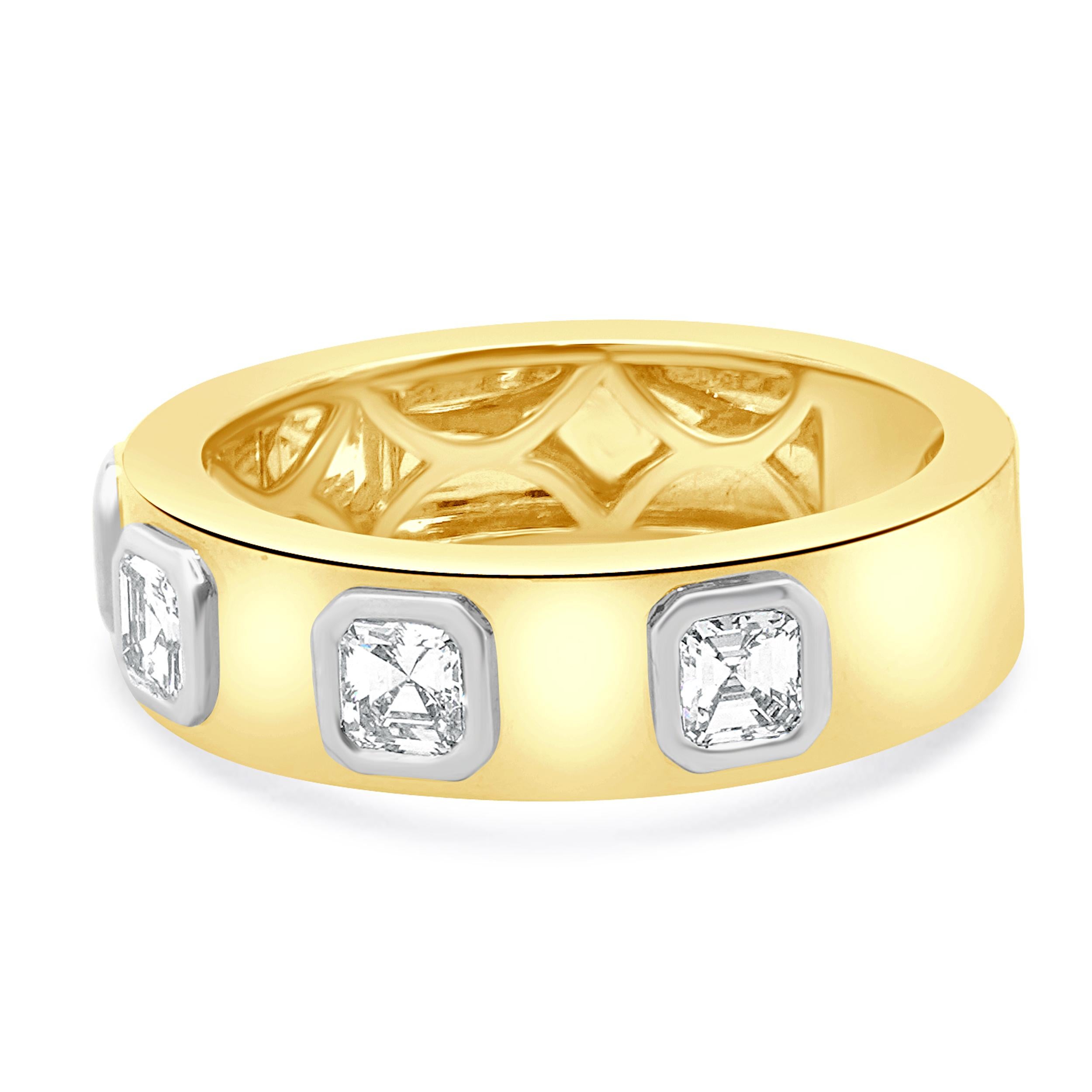 MATERIAL : Or jaune et blanc 18K
Diamant : 5 asscher cut = 1.04cttw
Couleur : G / H
Clarté : VS1
Taille de l'anneau : 7 (veuillez prévoir jusqu'à 2 jours ouvrables supplémentaires pour les demandes de taille)
Poids : 6.43 grammes

