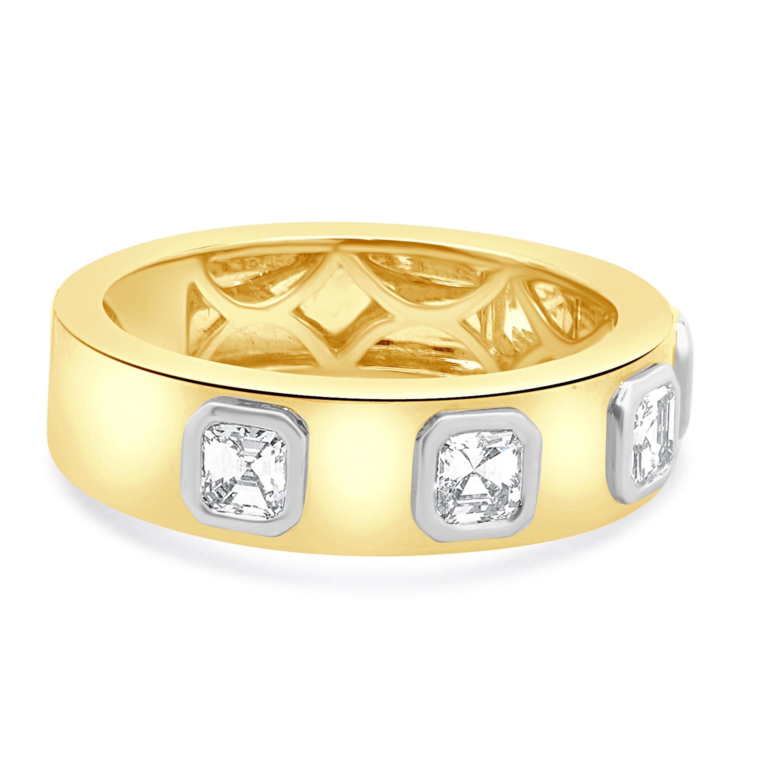 Anneau de station en or jaune et blanc 18 carats serti d'un chaton et d'un diamant de taille Asscher Excellent état - En vente à Scottsdale, AZ