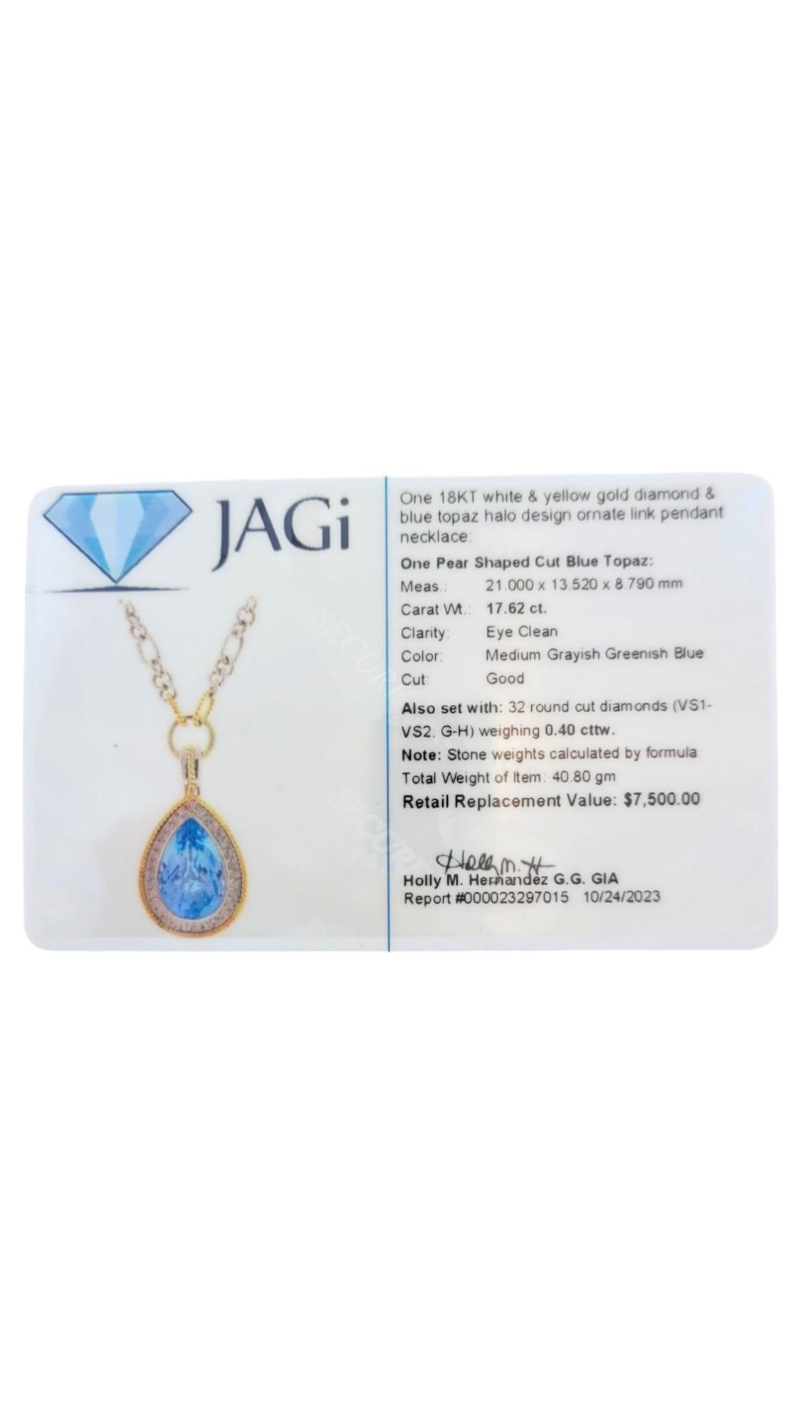 18 Karat Yellow White Gold Blue Topaz and Diamond Pendant Necklace #16964 For Sale 4