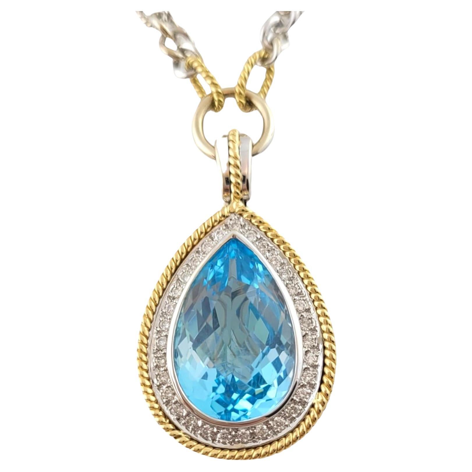 18 Karat Yellow White Gold Blue Topaz and Diamond Pendant Necklace #16964 For Sale