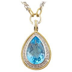 18 Karat Yellow White Gold Blue Topaz and Diamond Pendant Necklace #16964