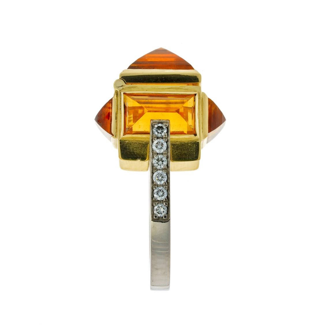 Contemporary Brutalist Chamber Ring in 18 Karat Yellow and White Gold, Citrine and Diamonds For Sale