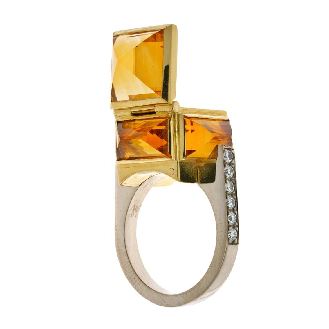 Round Cut Brutalist Chamber Ring in 18 Karat Yellow and White Gold, Citrine and Diamonds For Sale