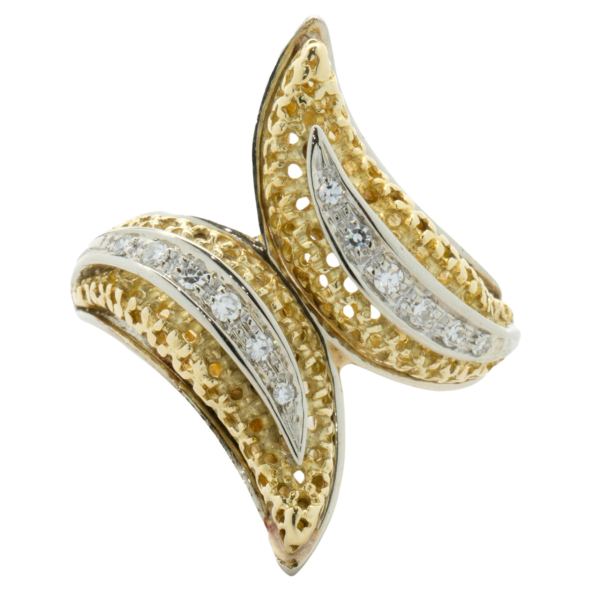 18 Karat Yellow & White Gold Diamond Bypass Ring For Sale