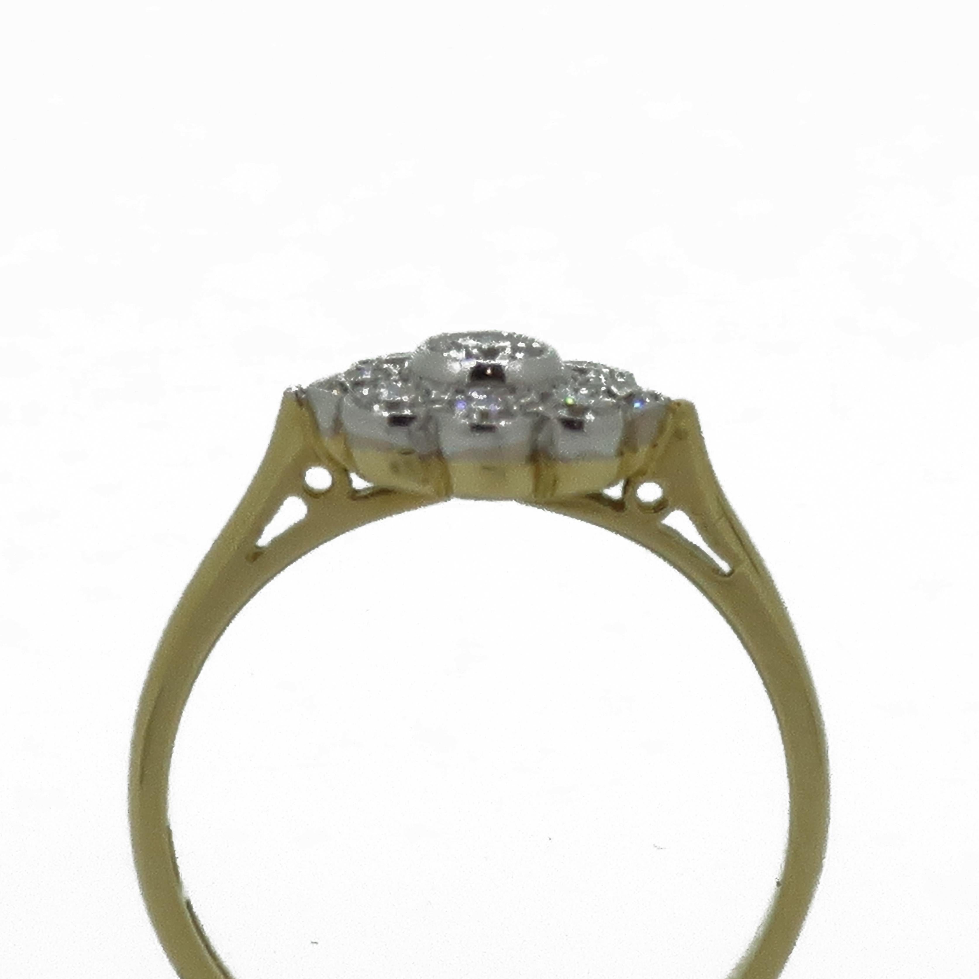 18 Karat Yellow and White Gold Diamond Daisy Art Deco Style Cluster Ring 1