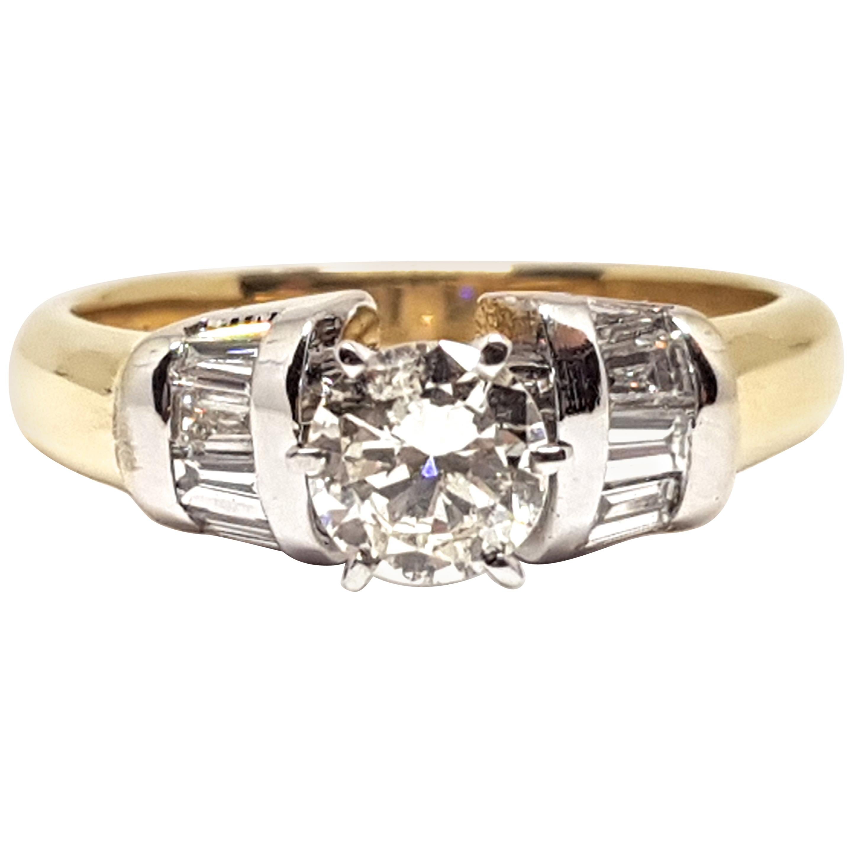 18 Karat Yellow White Gold Diamond Engagement Bridal Baguette Ring 1.10 Carat For Sale