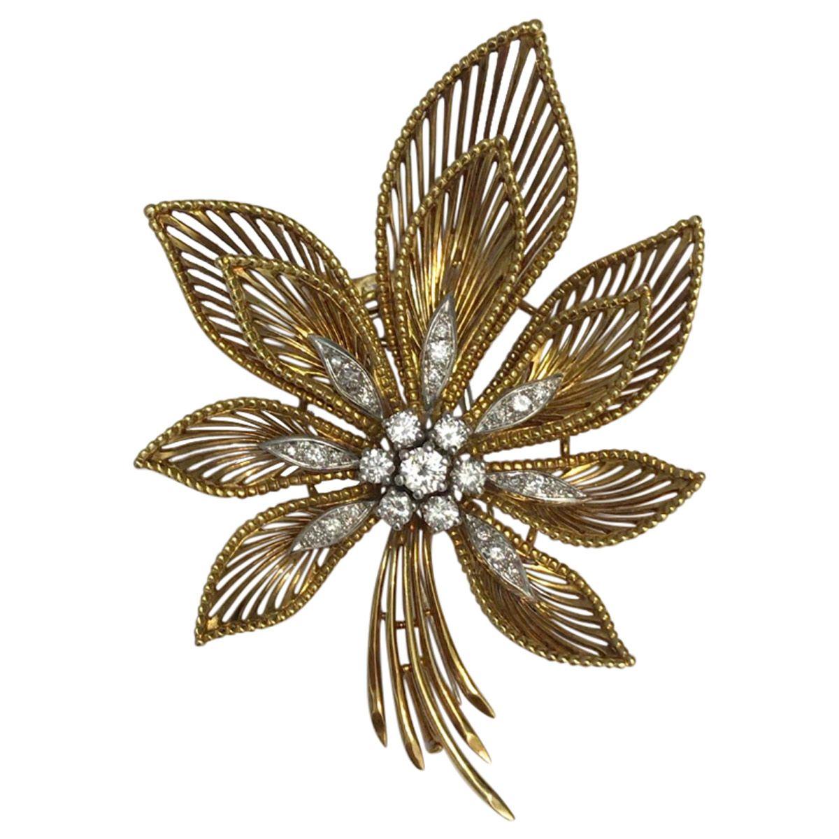 Imagine your winter coat with this fabulously stylish pin on the lapel! This gorgeous pin dates back to the 1970's and is still so wearable today. Crafted in 18k yellow & white gold it is a series of openwork petals with yellow gold bead work