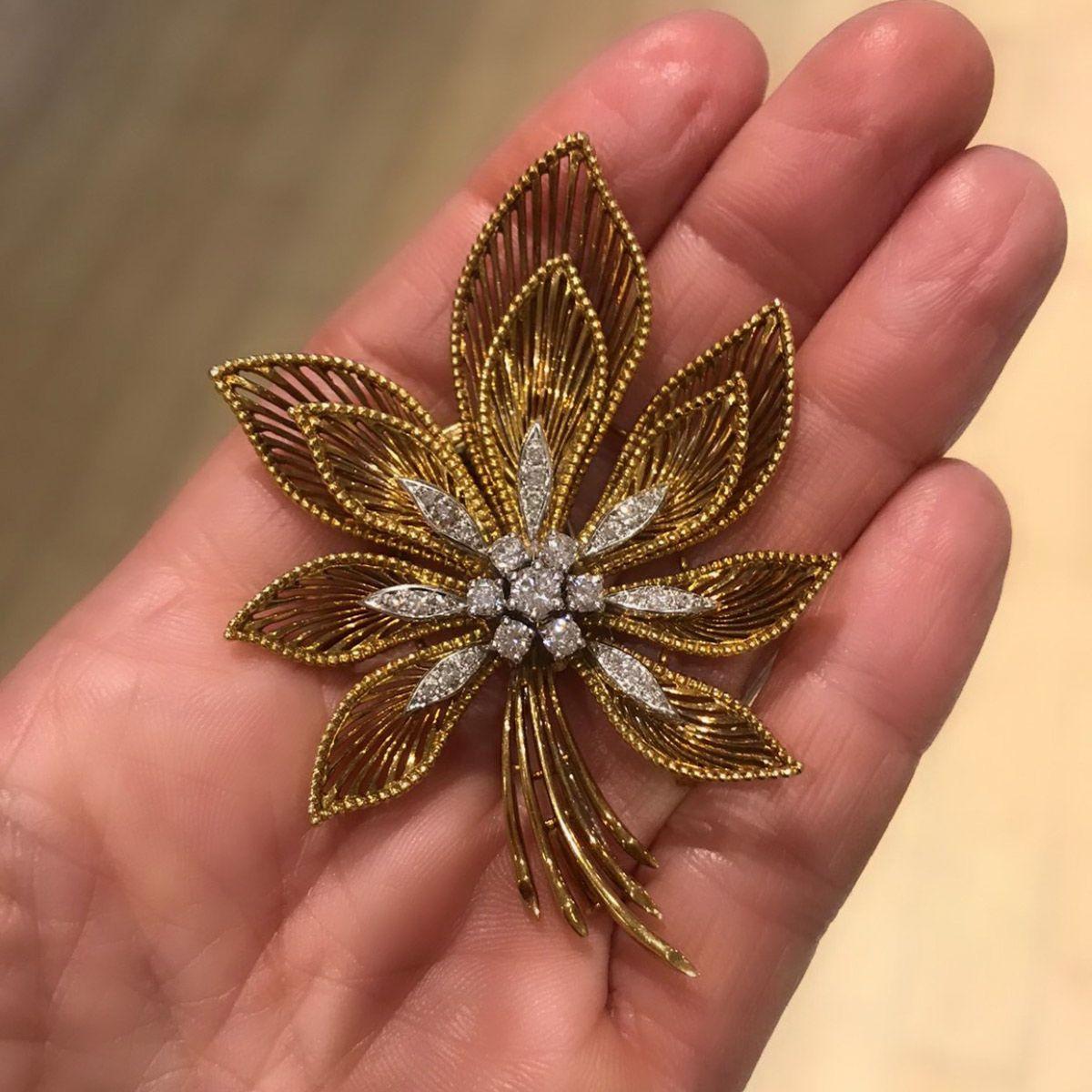 Women's 18 Karat Yellow and White Gold Diamond Flower Clip Brooch For Sale