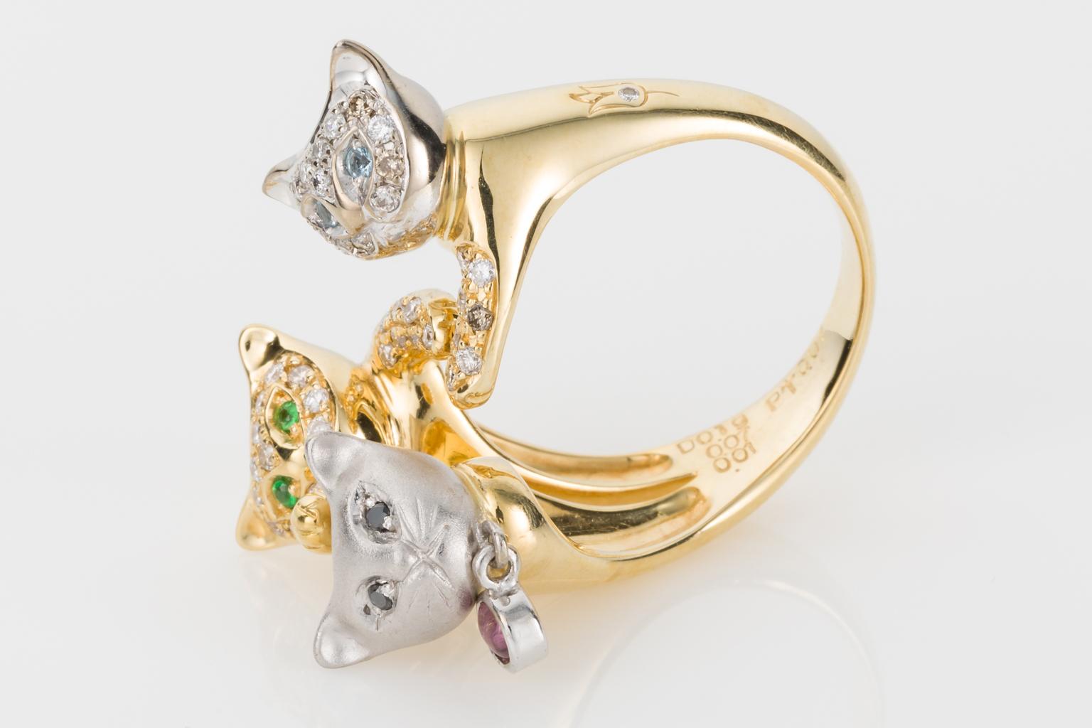 18 Karat Yellow and White Gold Diamond and Gemstone Set Cat Lovers Cocktail Ring 4
