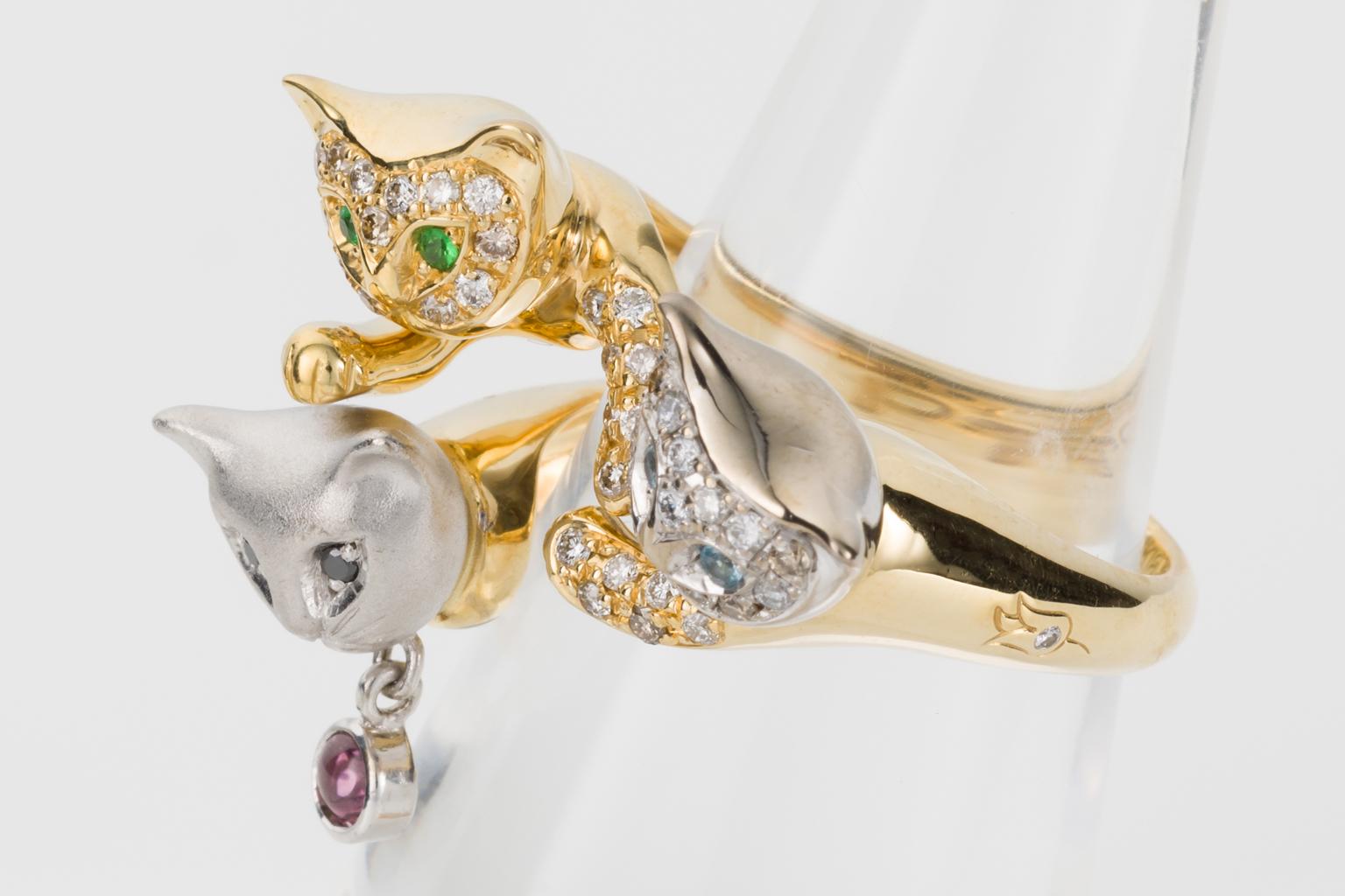 Contemporary 18 Karat Yellow and White Gold Diamond and Gemstone Set Cat Lovers Cocktail Ring