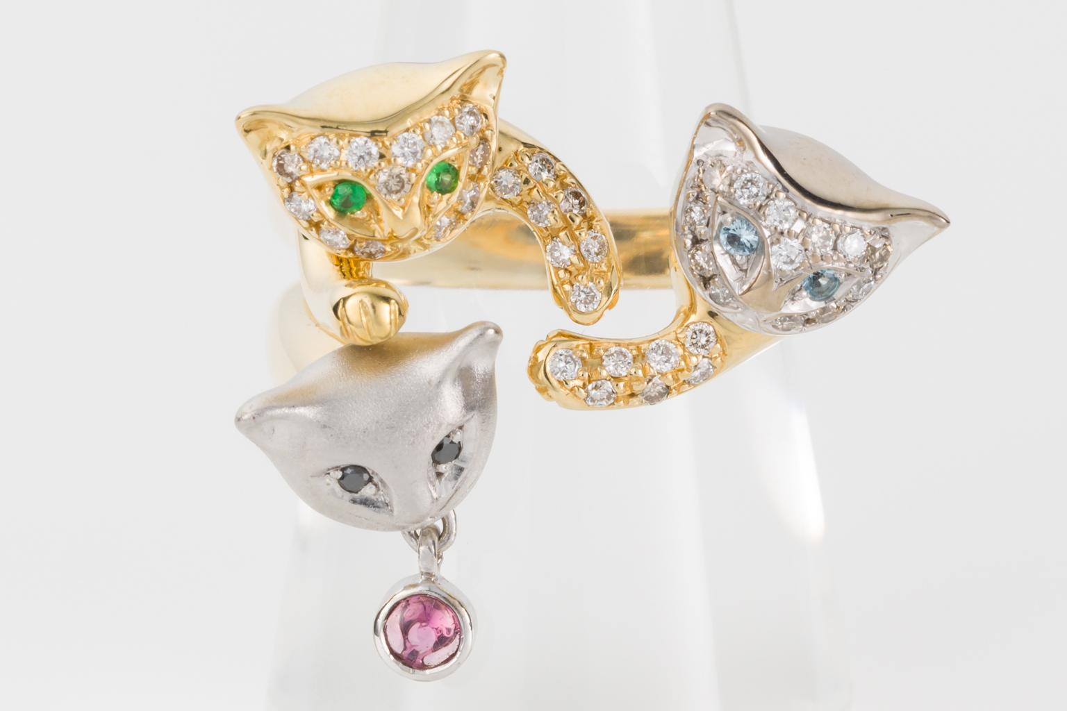 Round Cut 18 Karat Yellow and White Gold Diamond and Gemstone Set Cat Lovers Cocktail Ring