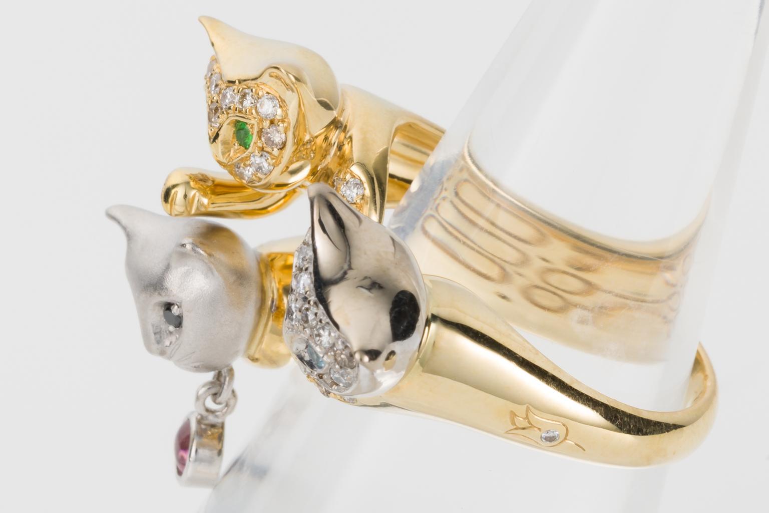 Women's 18 Karat Yellow and White Gold Diamond and Gemstone Set Cat Lovers Cocktail Ring